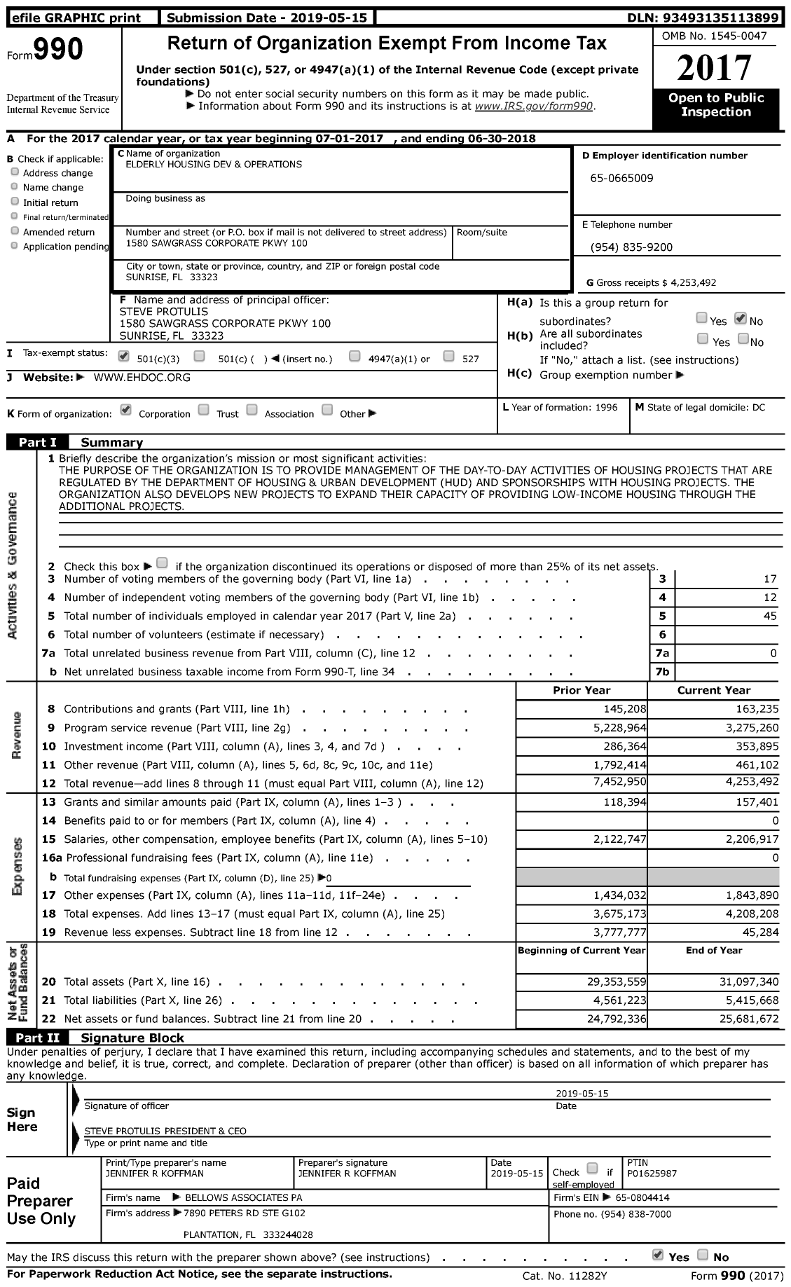 Image of first page of 2017 Form 990 for Elderly Housing Development and Operations Corporation (EHDOC)