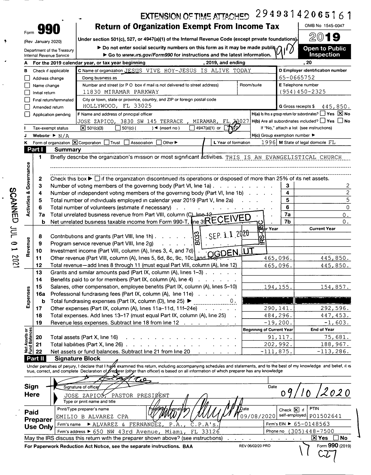 Image of first page of 2019 Form 990 for Jesus Vive Hoy-Jesus Is Alive Today