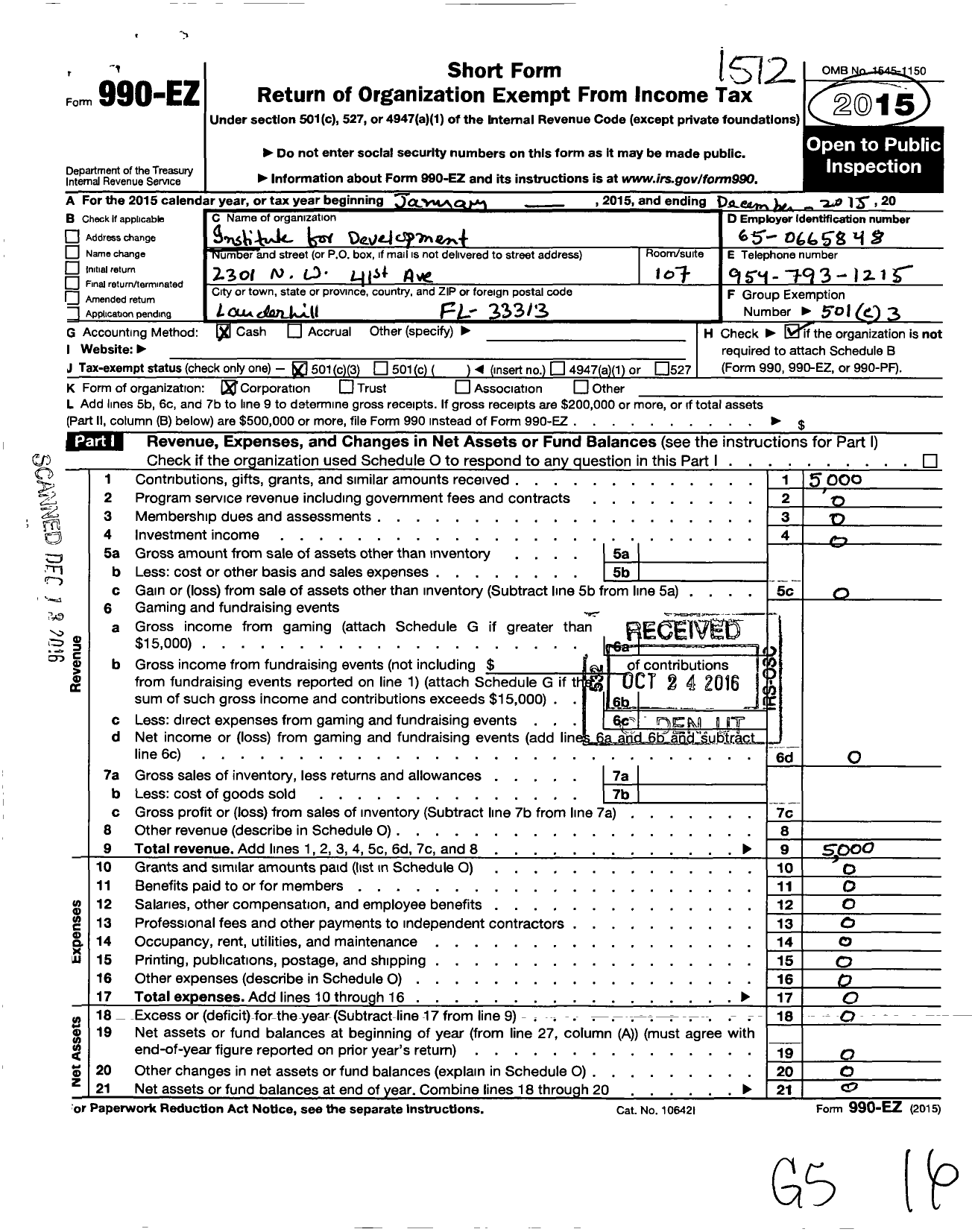 Image of first page of 2015 Form 990EZ for Institute for Development