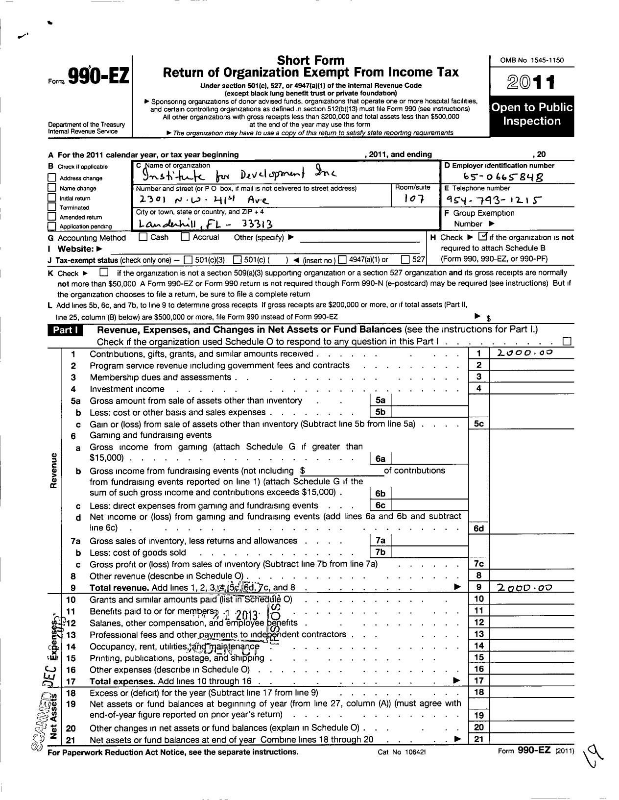 Image of first page of 2011 Form 990EO for Institute for Development