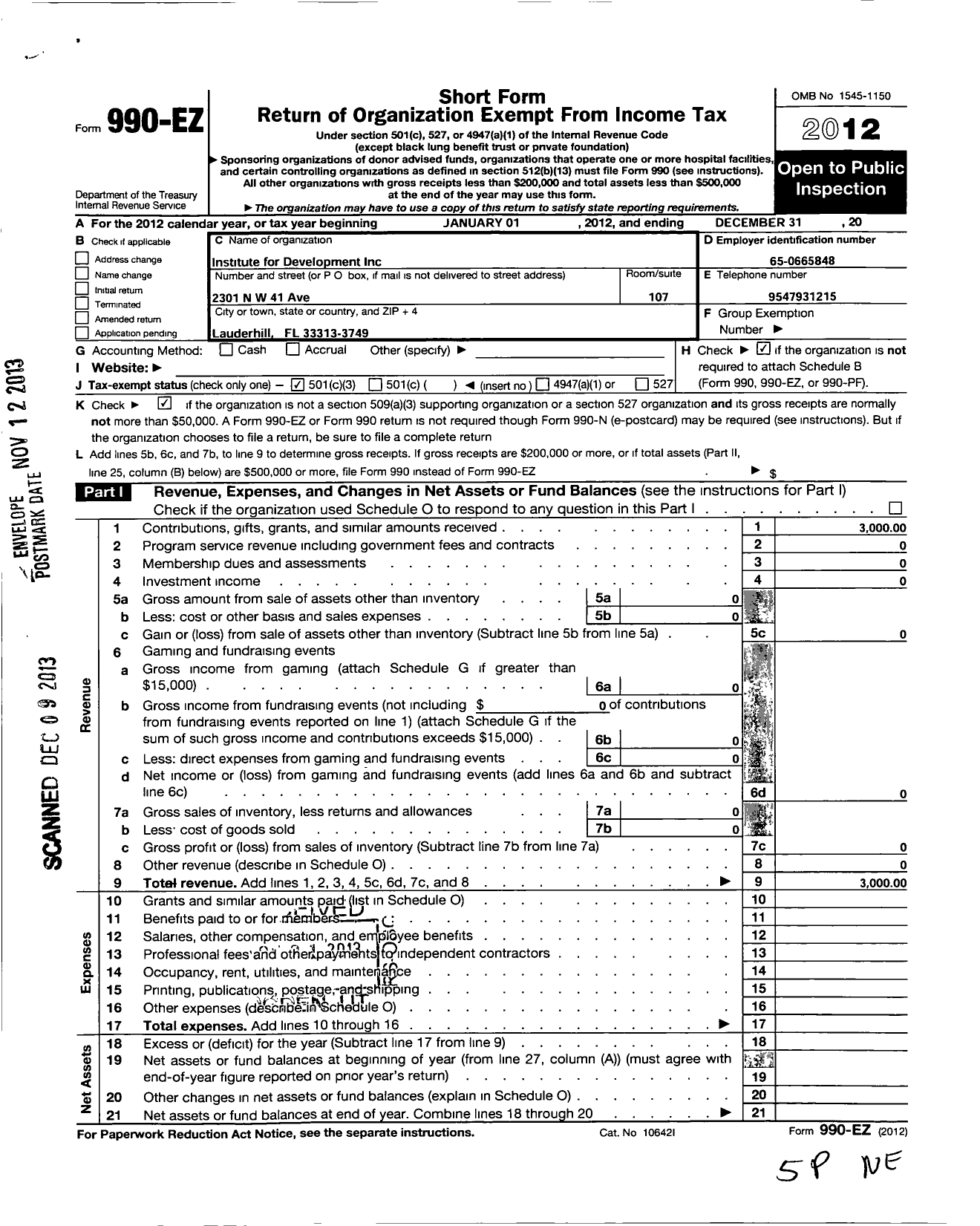 Image of first page of 2012 Form 990EZ for Institute for Development