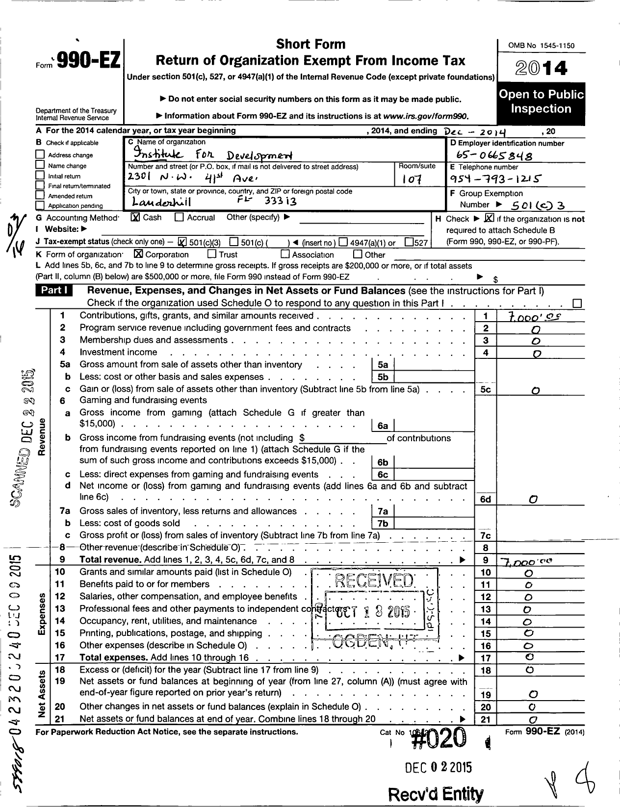 Image of first page of 2014 Form 990EZ for Institute for Development