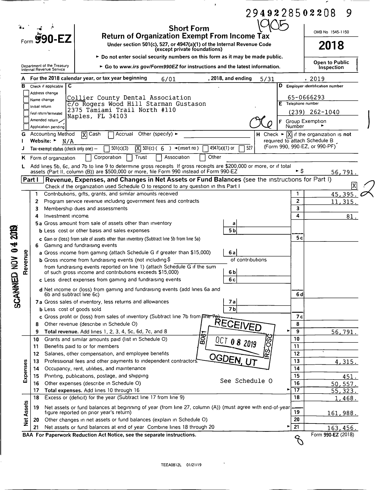 Image of first page of 2018 Form 990EO for Collier County Dental Association