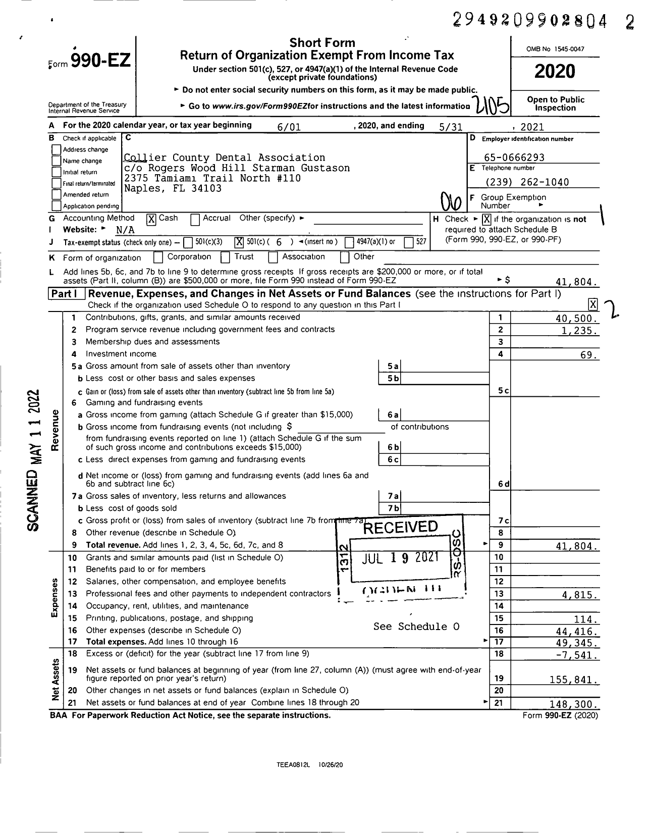 Image of first page of 2020 Form 990EO for Collier County Dental Association