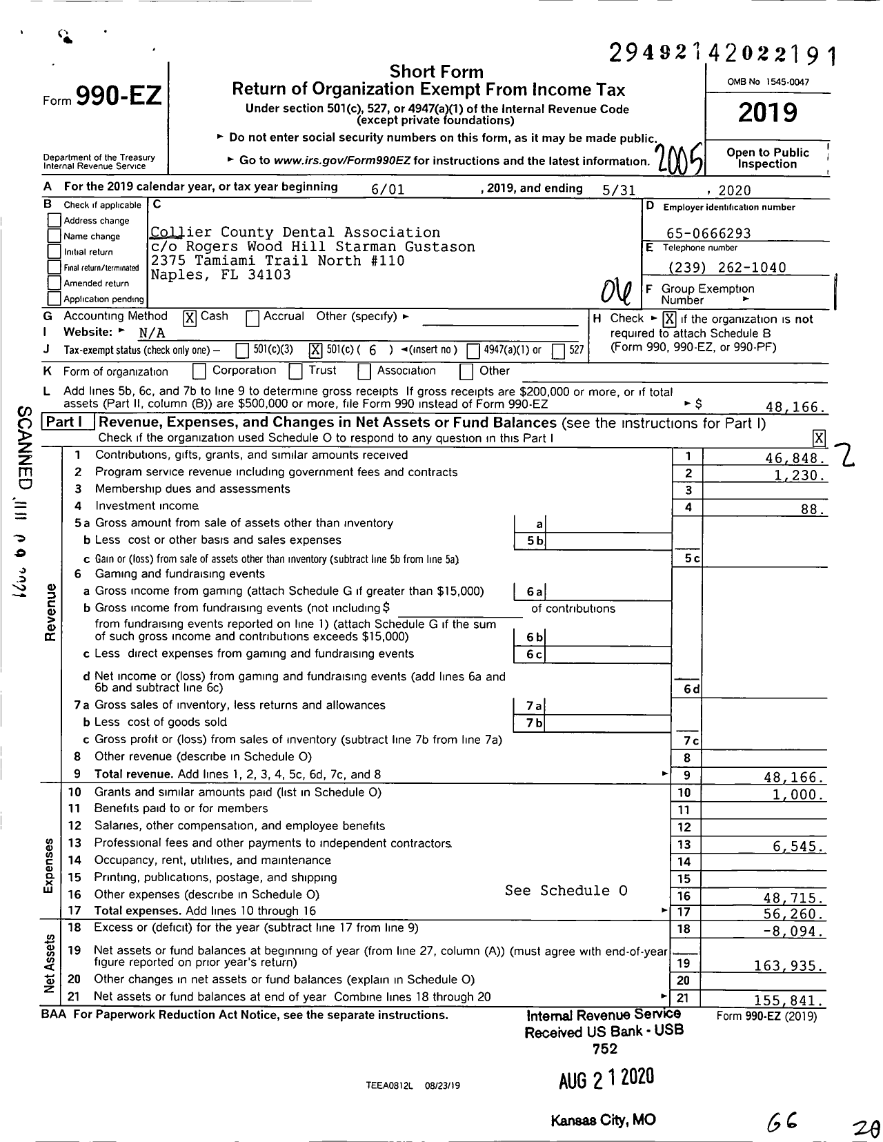 Image of first page of 2019 Form 990EO for Collier County Dental Association