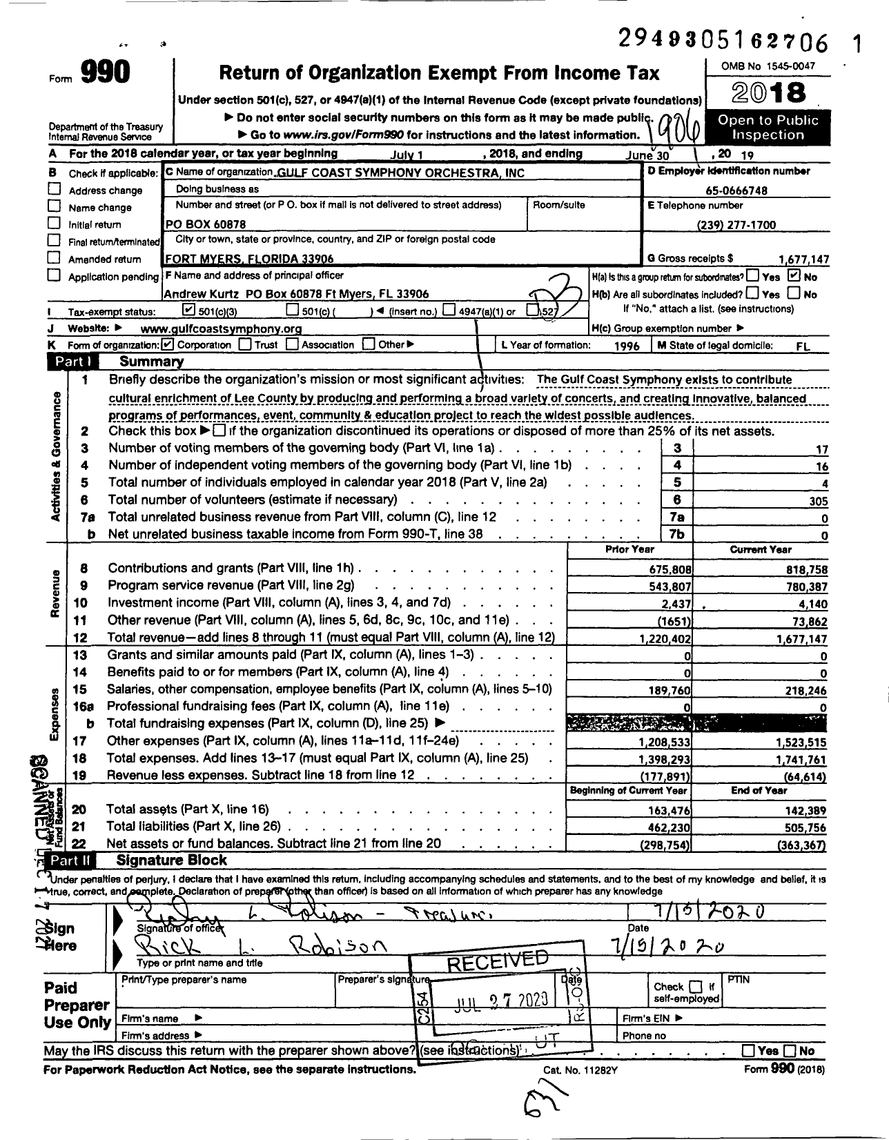 Image of first page of 2018 Form 990 for Gulf Coast Symphony Orchestra