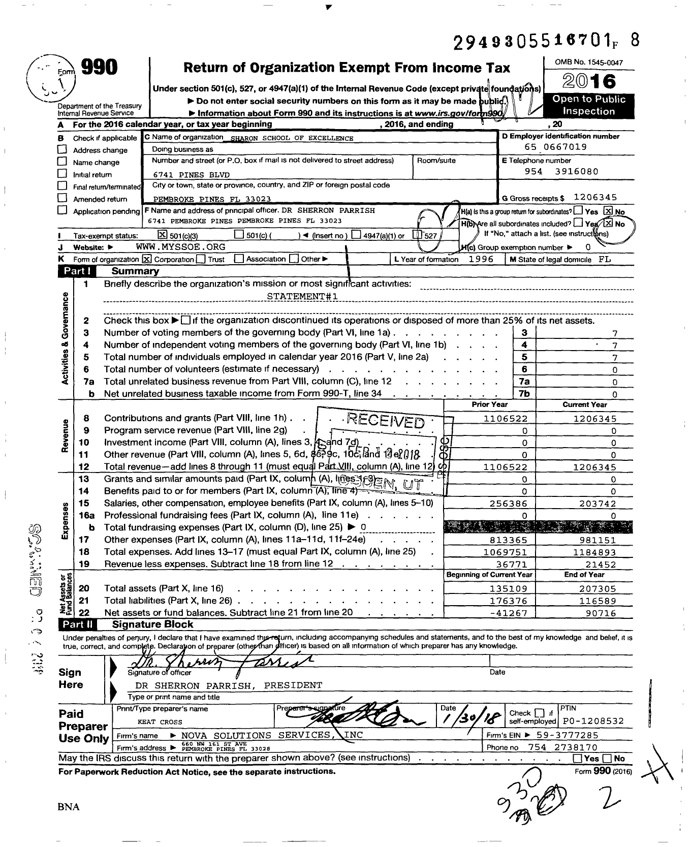 Image of first page of 2016 Form 990 for Sharon School of Excellence