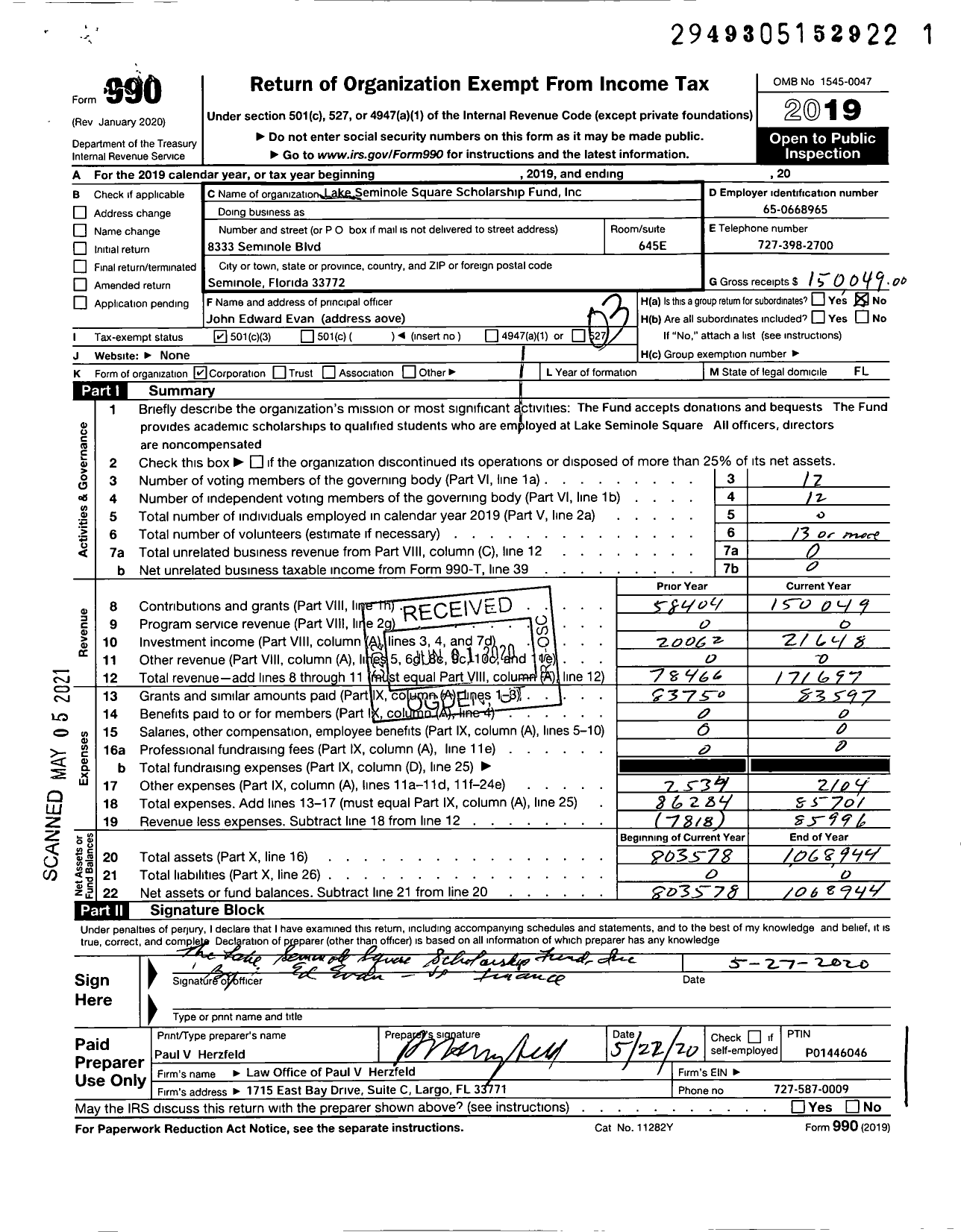 Image of first page of 2019 Form 990 for Lake Seminole Square Scholarship Fund