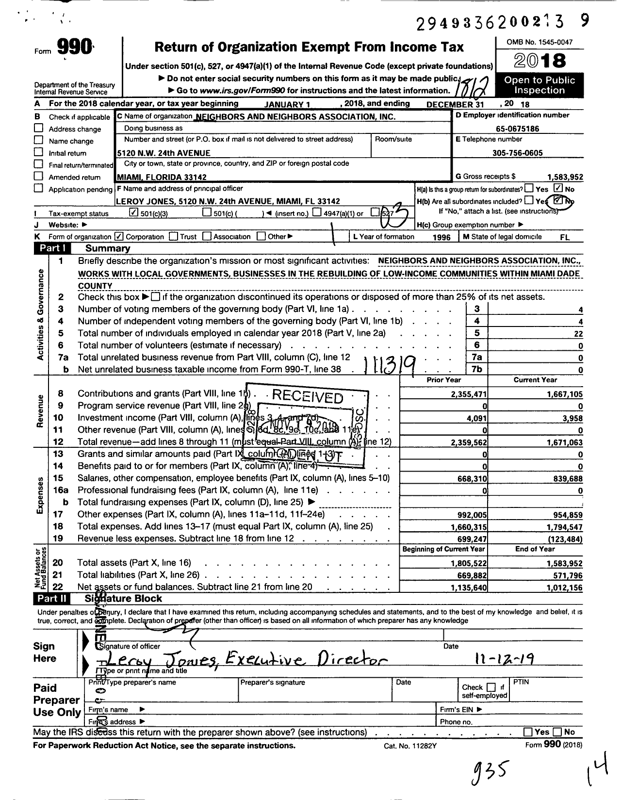 Image of first page of 2018 Form 990 for Neighbors and Neighbors Association