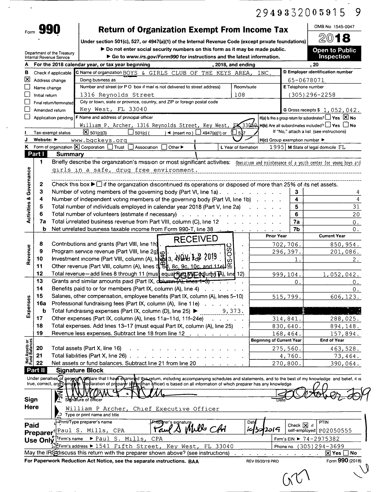 Image of first page of 2018 Form 990 for Boys and Girls Club of Keys Area