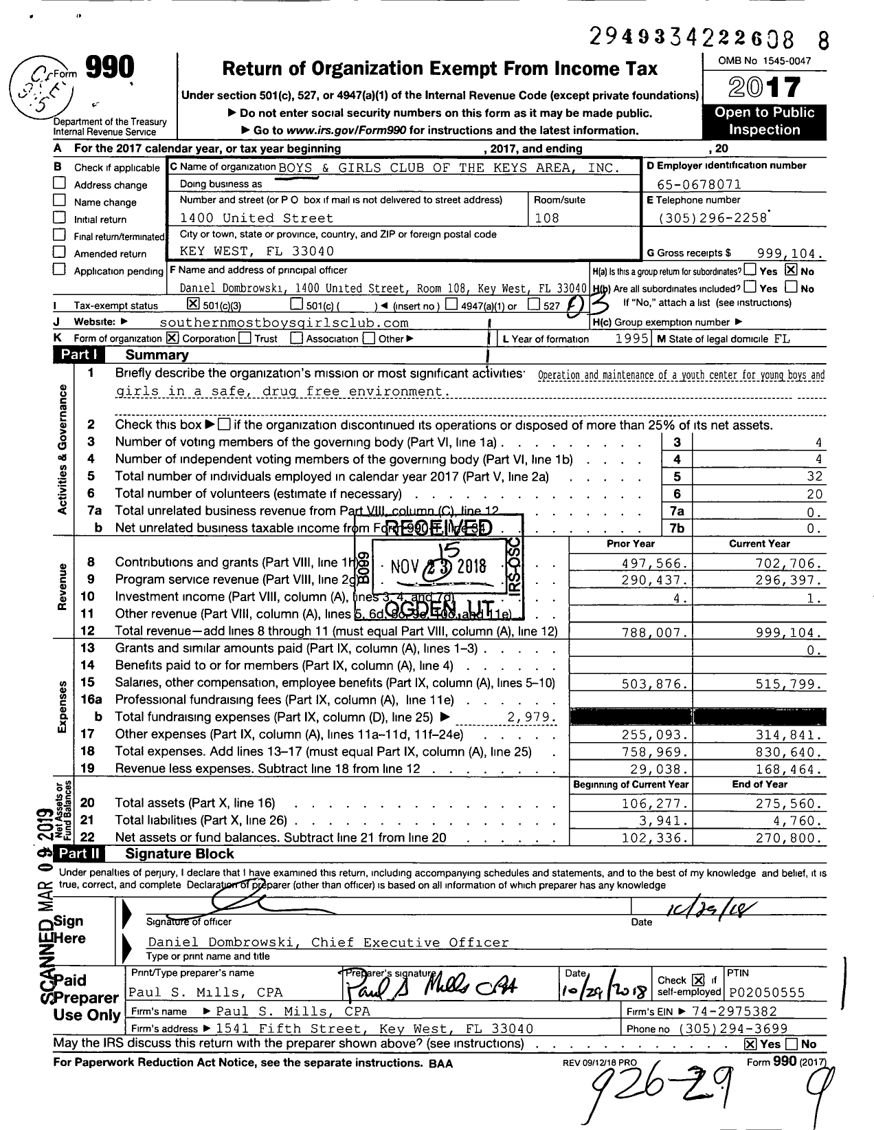 Image of first page of 2017 Form 990 for Boys and Girls Club of Keys Area