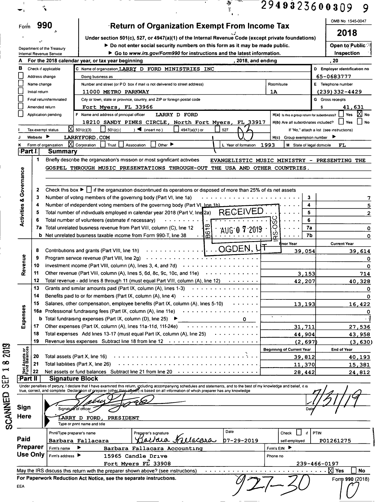 Image of first page of 2018 Form 990 for Larry D Ford Ministries