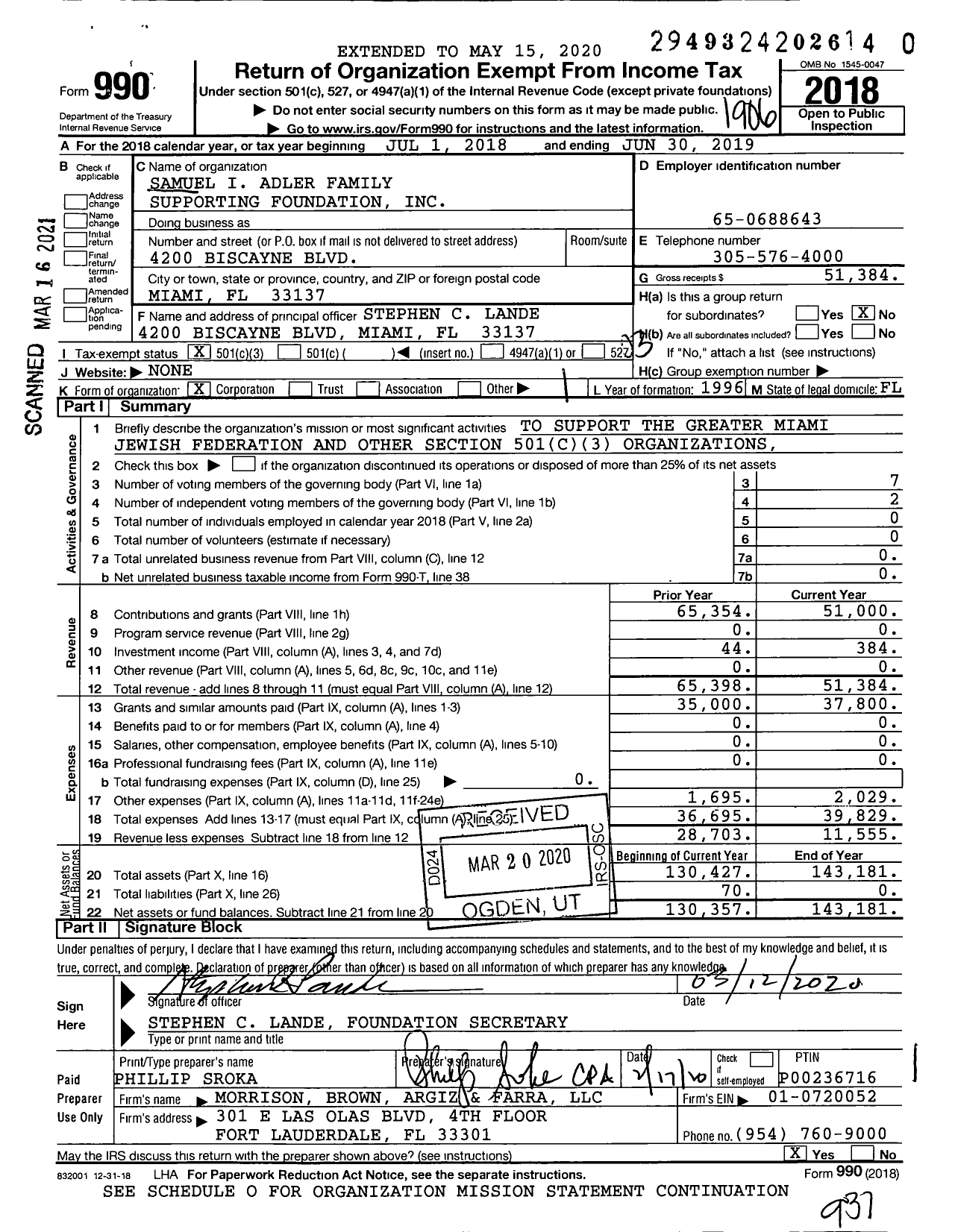 Image of first page of 2018 Form 990 for Samuel I Adler Family Supporting Foundation