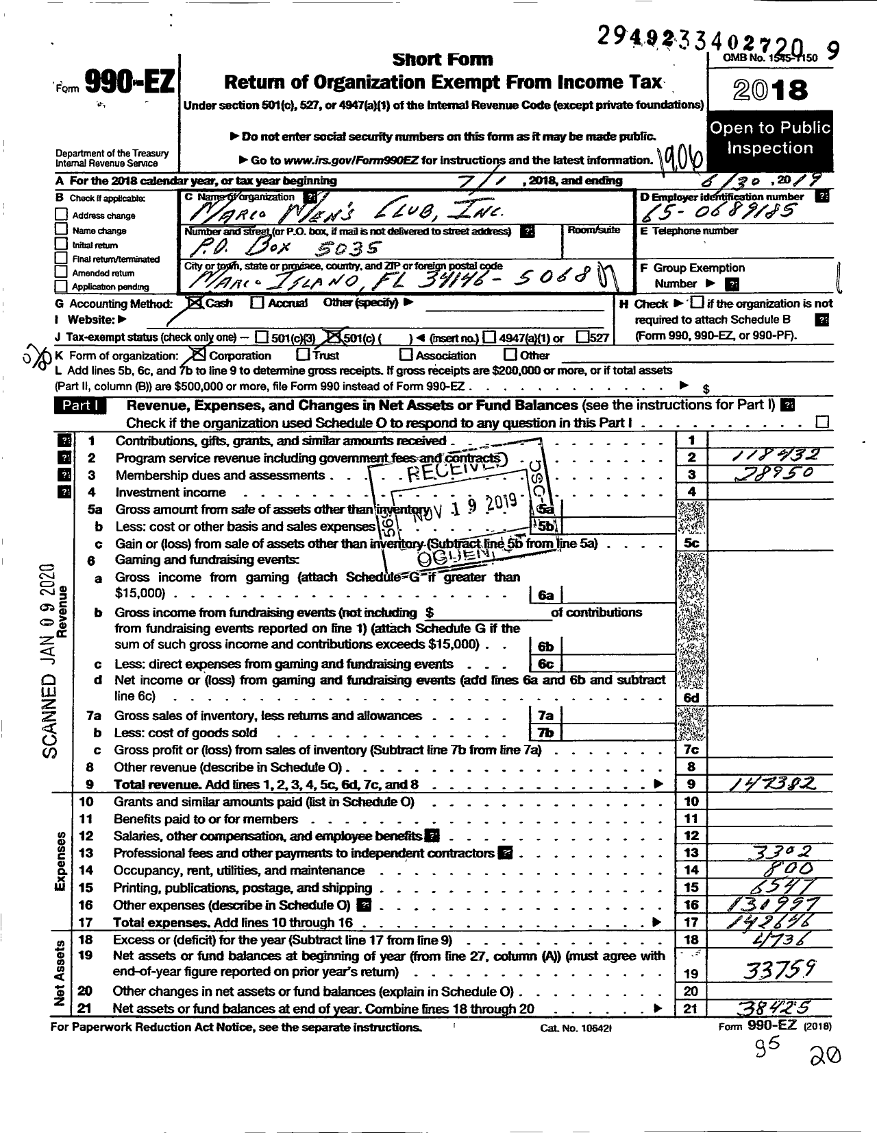 Image of first page of 2018 Form 990EO for Marco Mens Club