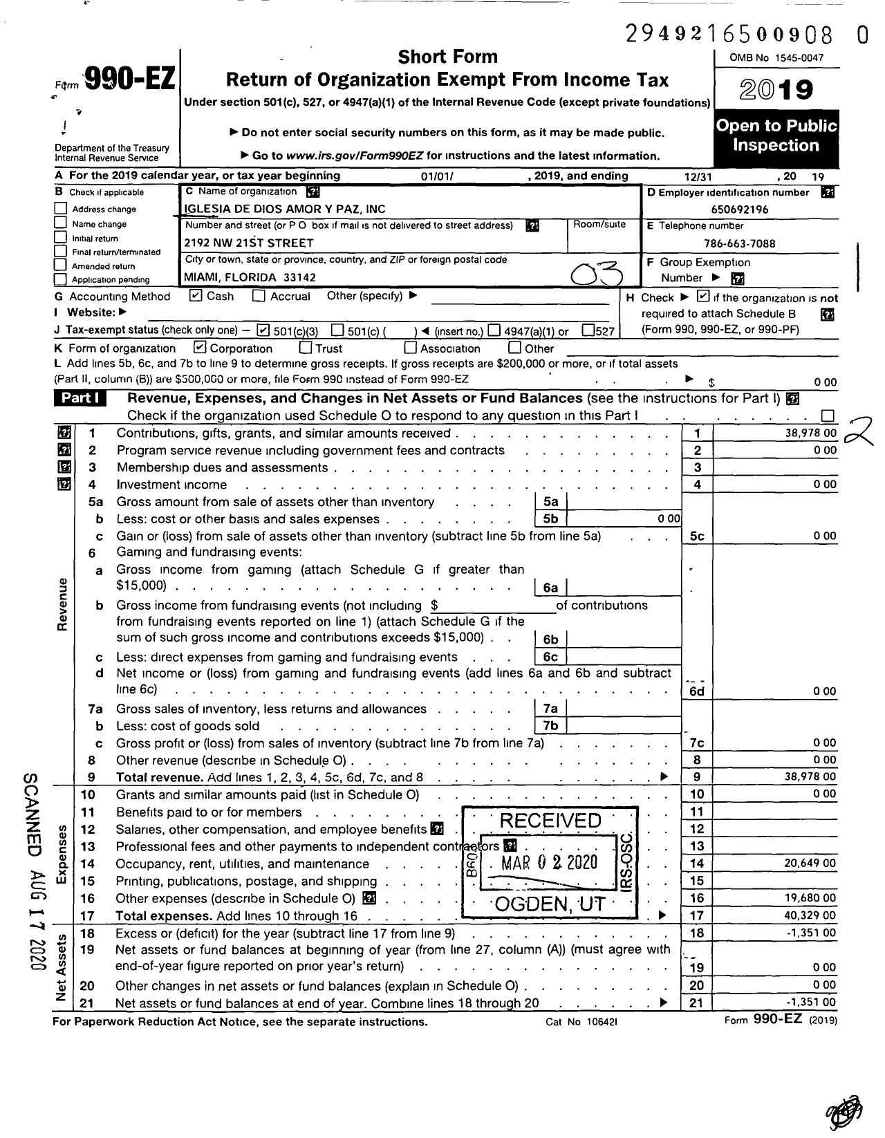 Image of first page of 2019 Form 990EZ for Iglesia de Dios Amor Y Paz