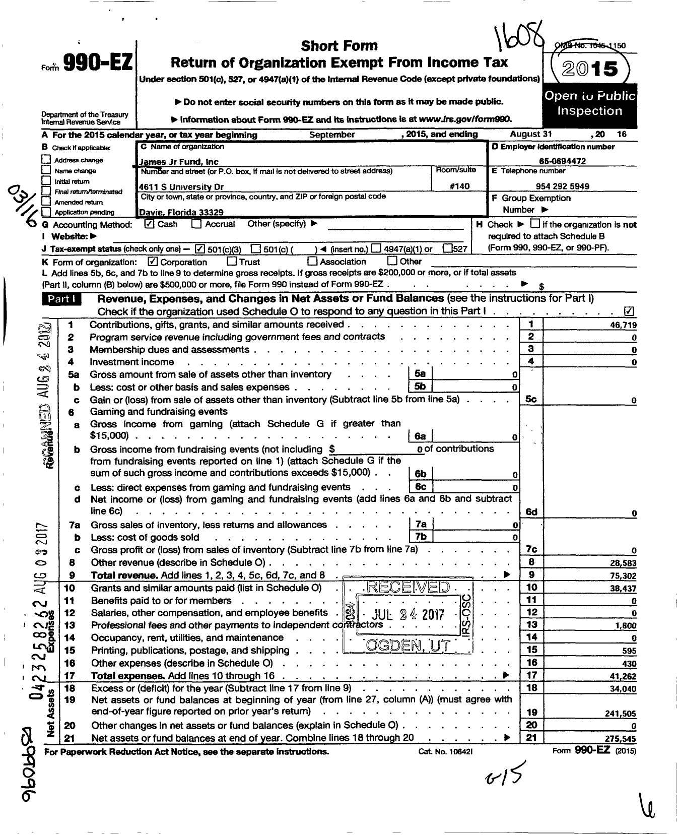 Image of first page of 2015 Form 990EZ for James JR Fund