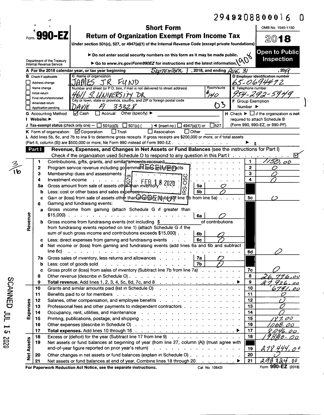 Image of first page of 2018 Form 990EZ for James JR Fund