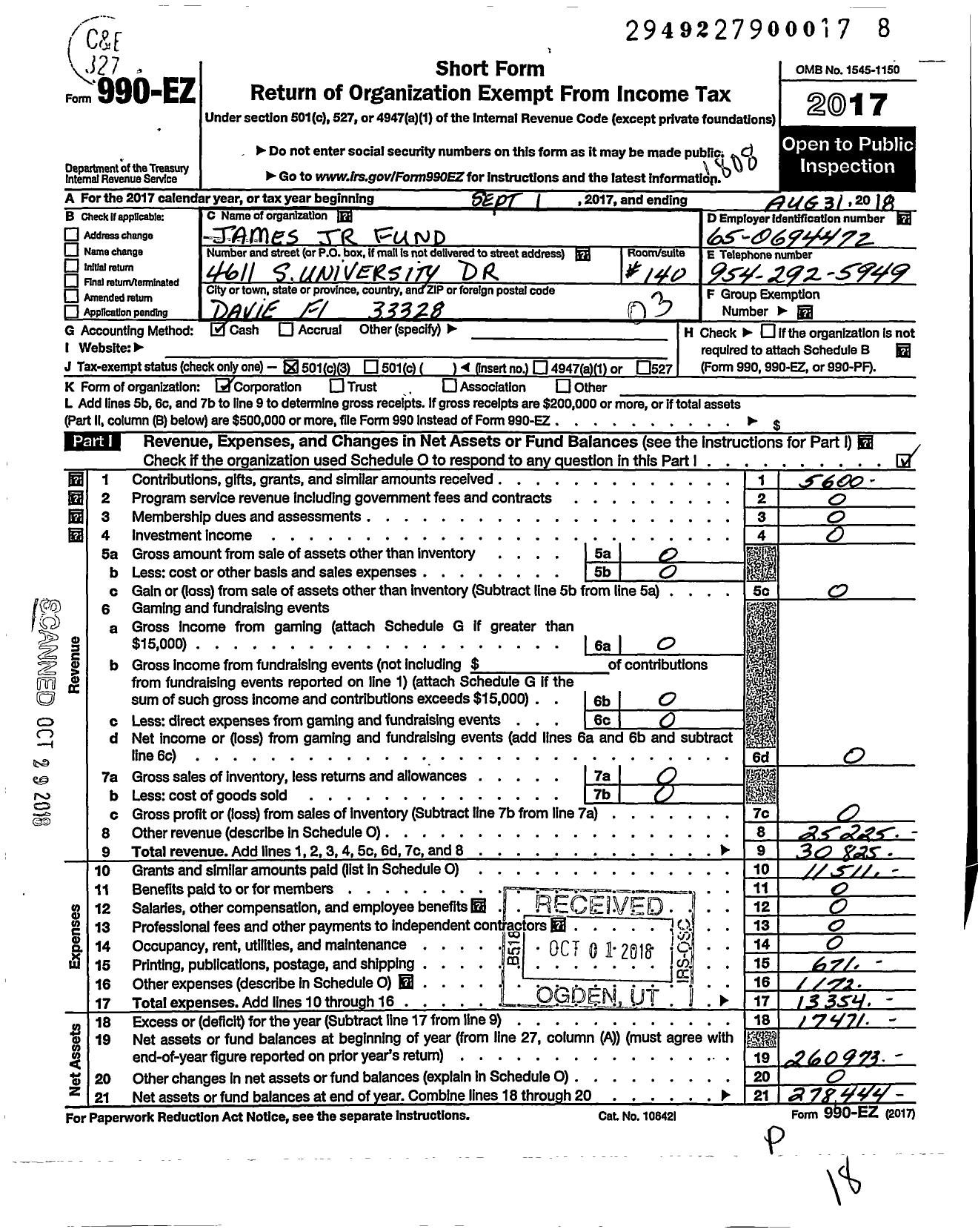 Image of first page of 2017 Form 990EZ for James JR Fund