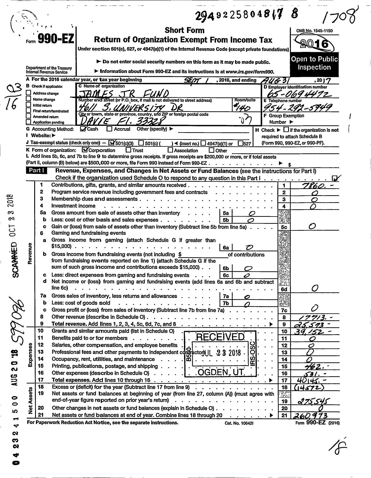 Image of first page of 2016 Form 990EZ for James JR Fund