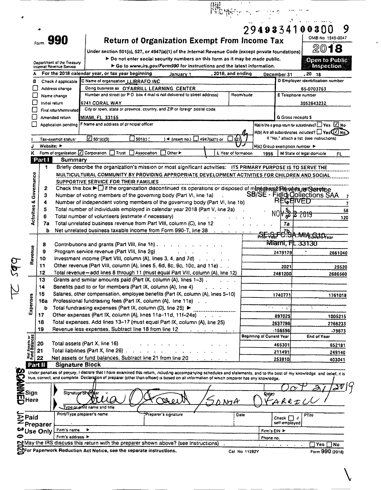 Image of first page of 2018 Form 990 for Ofarrill Learning Center