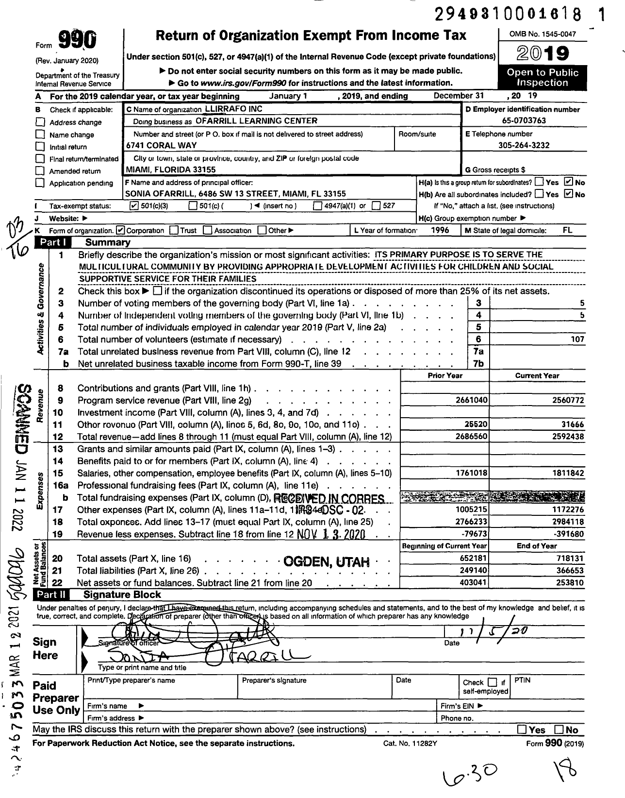 Image of first page of 2019 Form 990 for Ofarrill Learning Center
