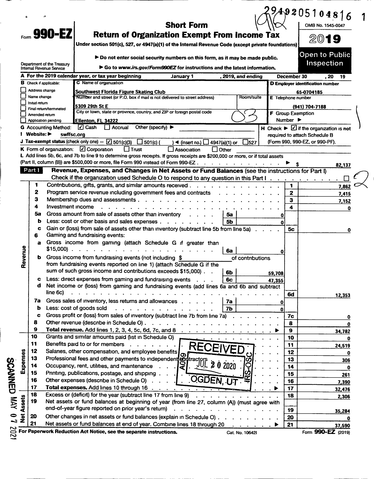 Image of first page of 2019 Form 990EZ for Southwest Florida Figure Skating Club