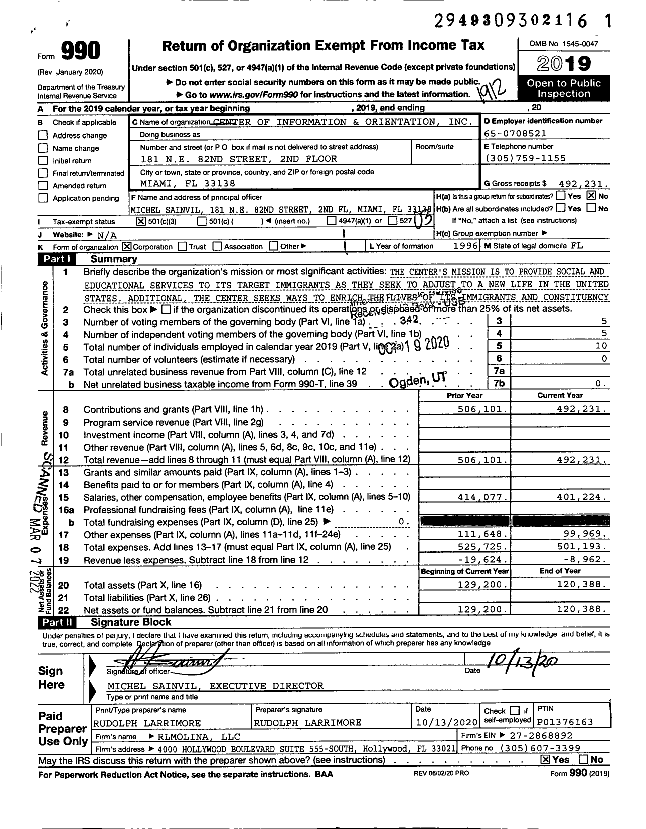 Image of first page of 2019 Form 990 for Center of Information and Orientation