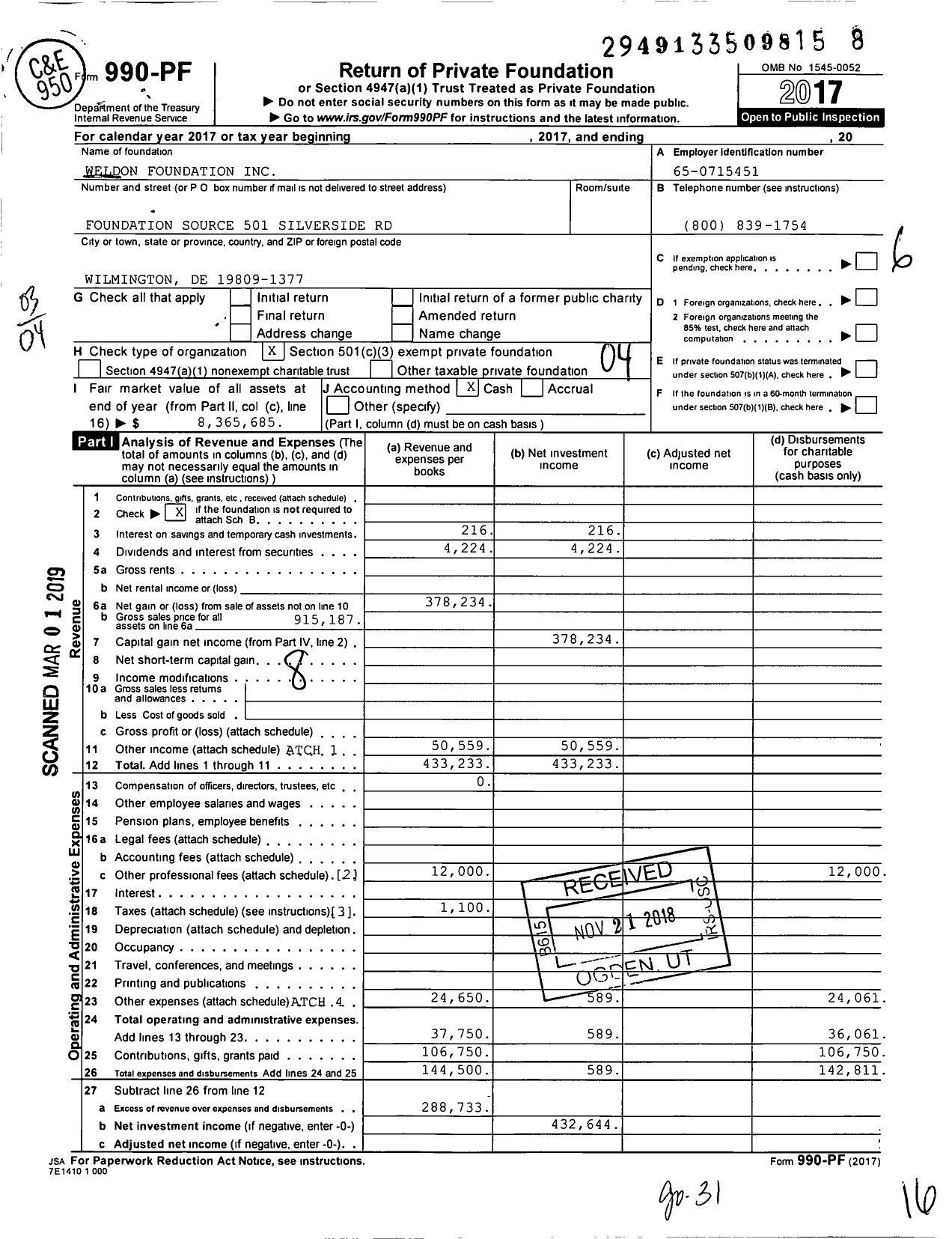 Image of first page of 2017 Form 990PF for Weldon Foundation