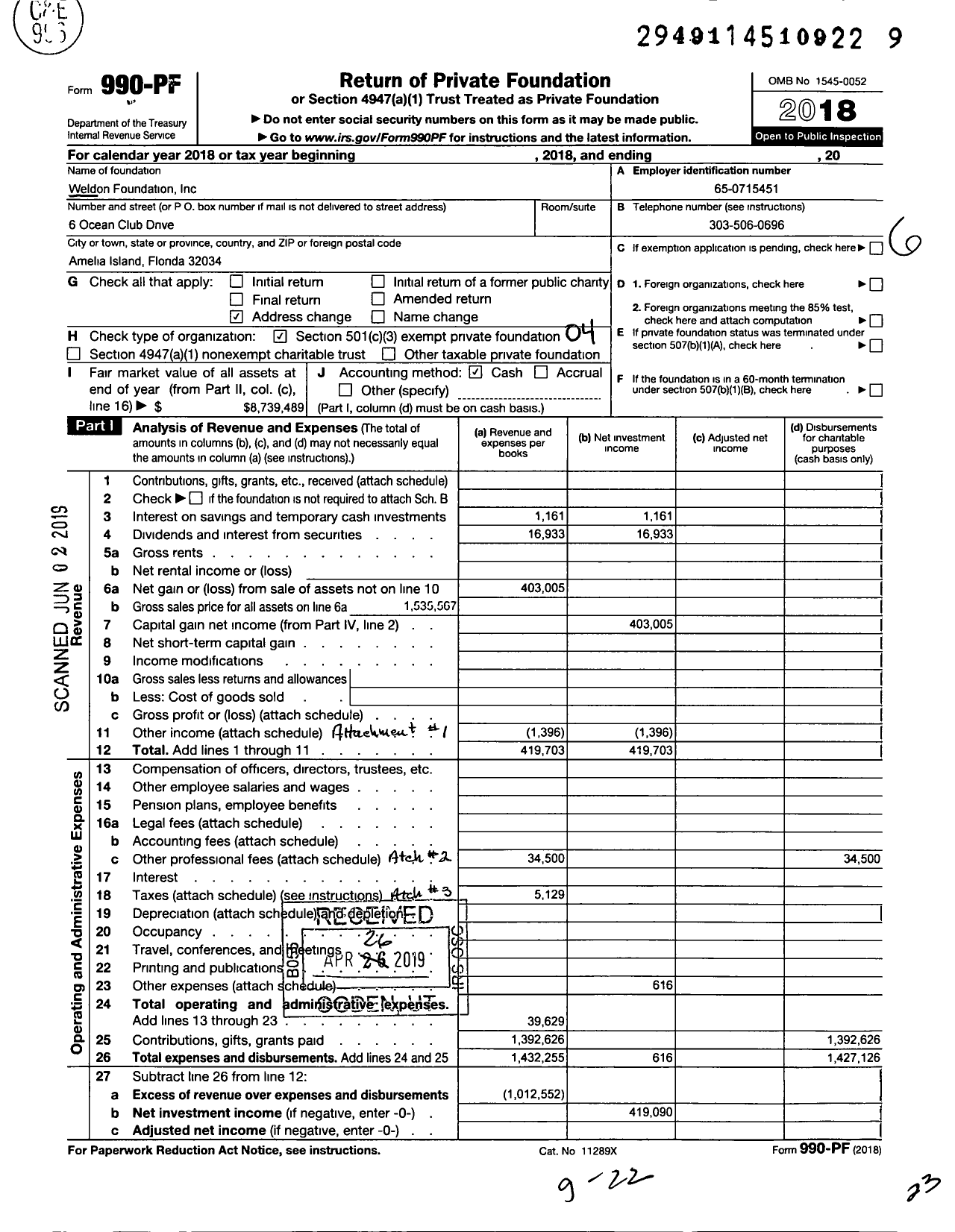 Image of first page of 2018 Form 990PF for Weldon Foundation