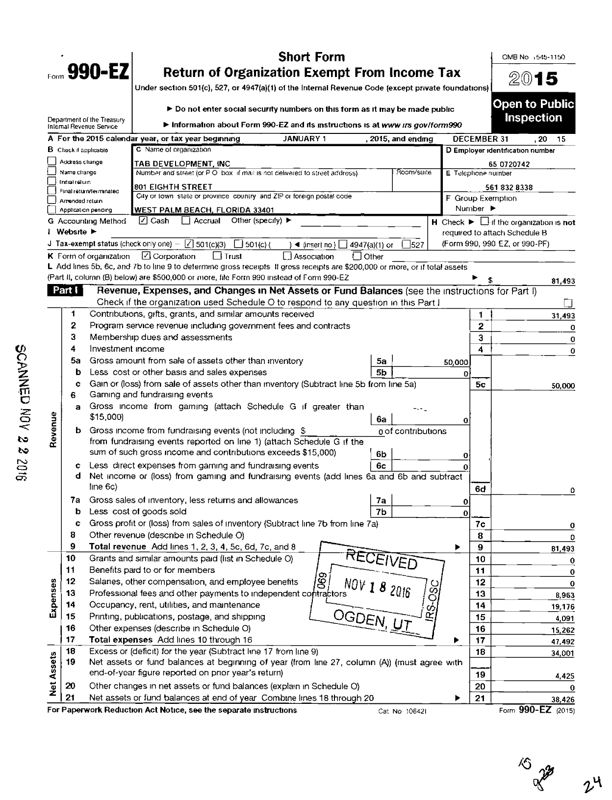 Image of first page of 2015 Form 990EZ for Tab Development