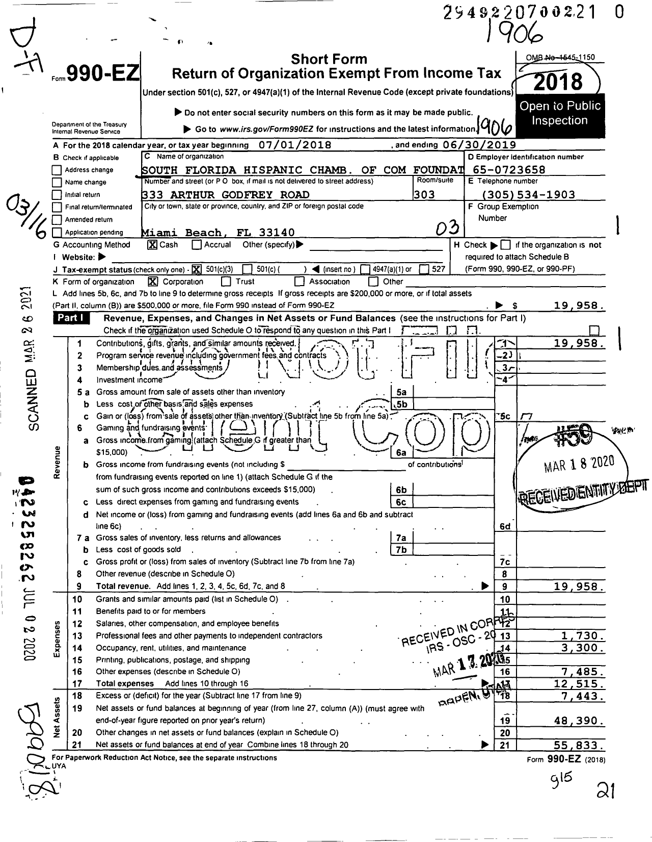 Image of first page of 2018 Form 990EZ for South Florida Hispanic Chamb of Com Foundation