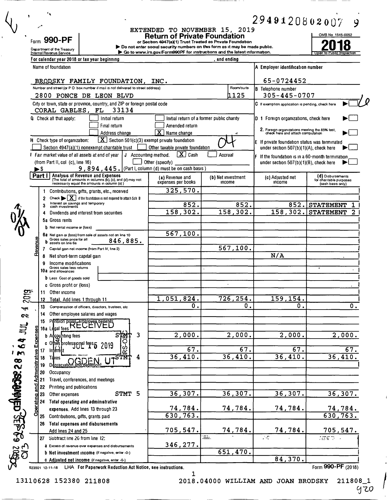 Image of first page of 2018 Form 990PF for Brodsky Family Foundation