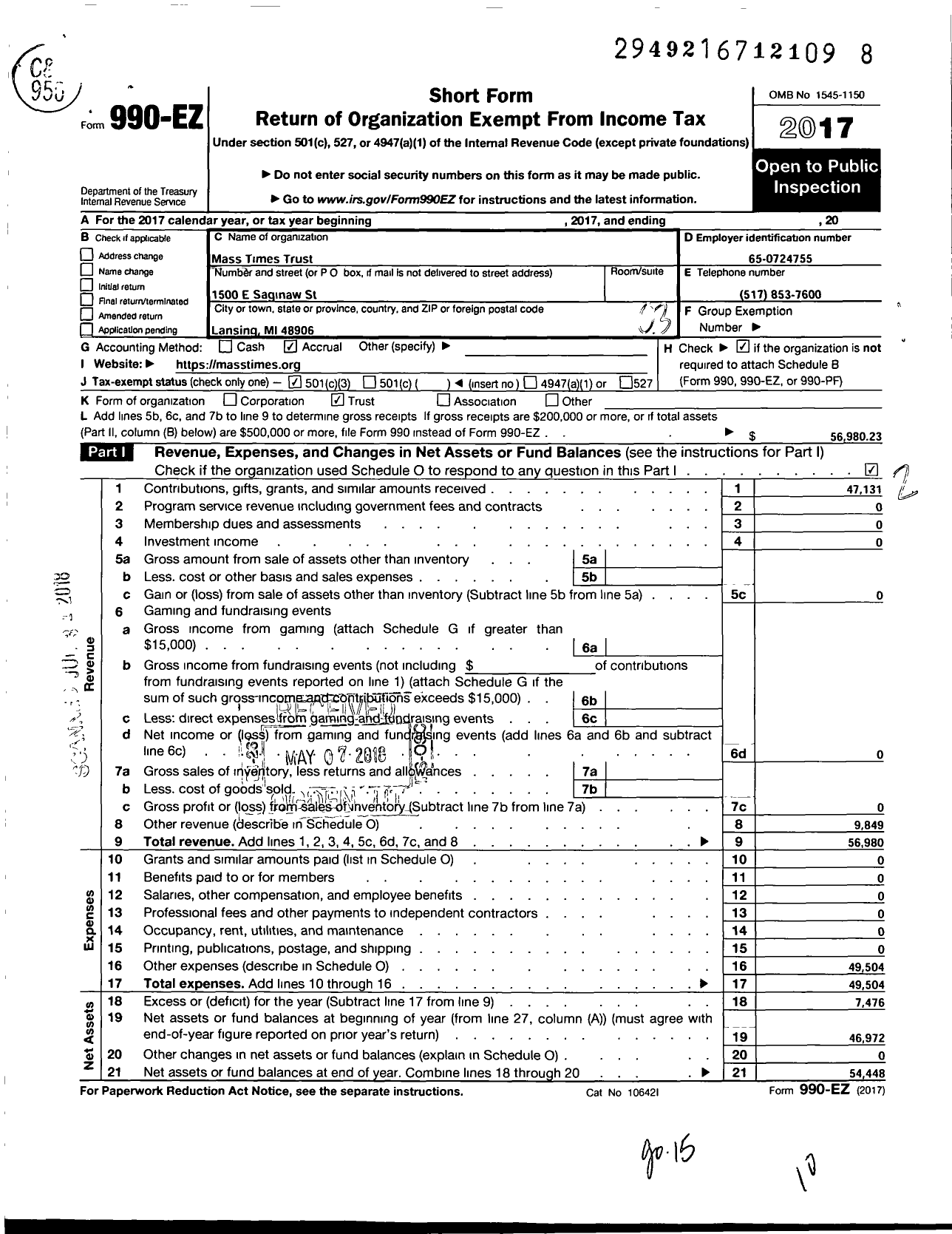 Image of first page of 2017 Form 990EZ for United States Catholic Conference / Mass-Times Trust