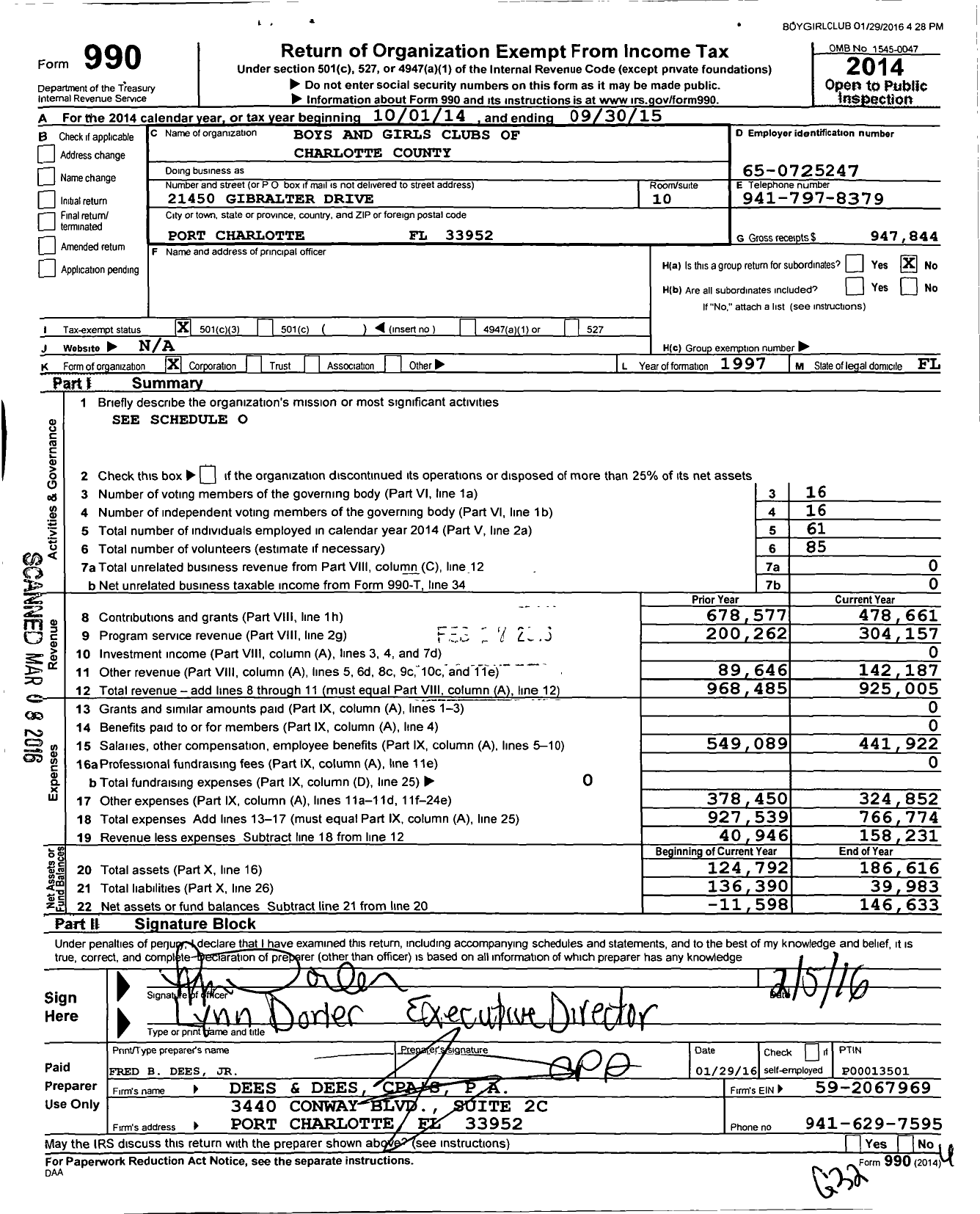 Image of first page of 2014 Form 990 for Boys and Girls Clubs of Charlotte County