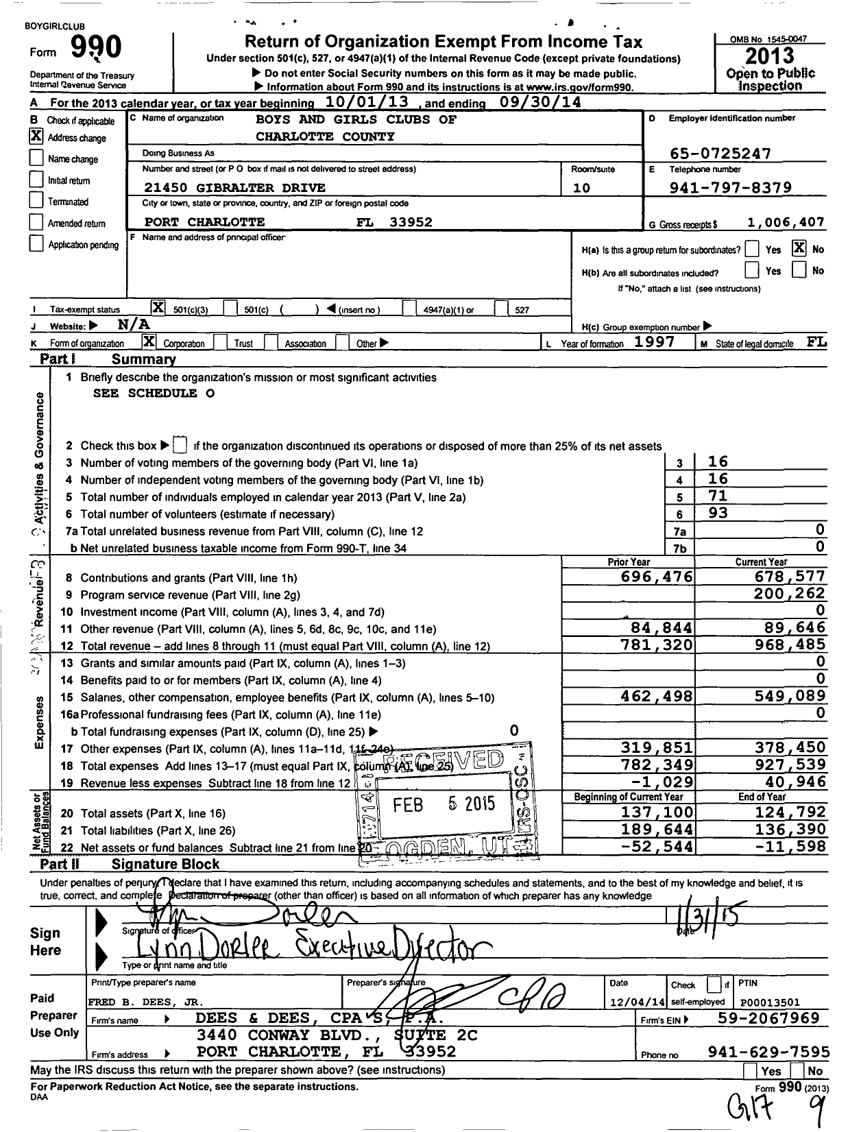 Image of first page of 2013 Form 990 for Boys and Girls Clubs of Charlotte County