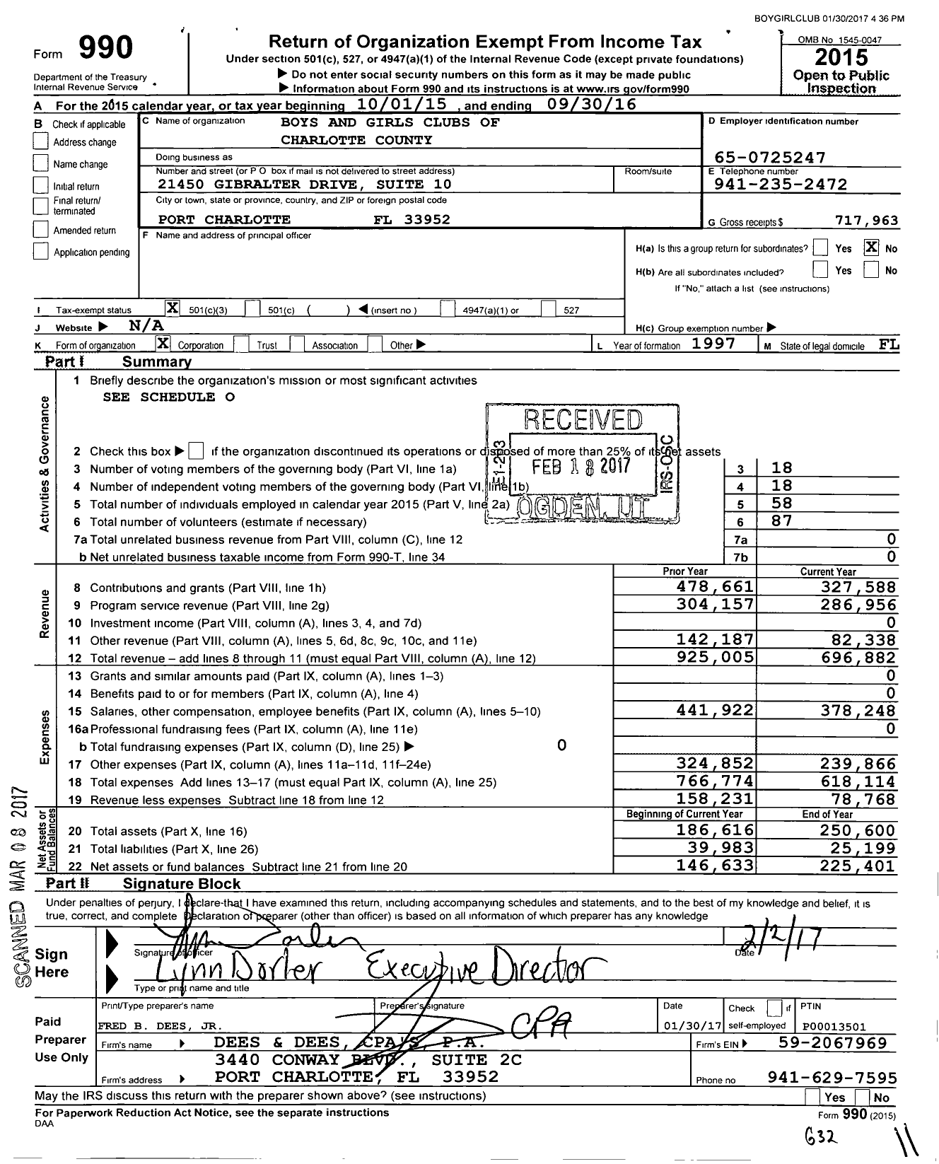Image of first page of 2015 Form 990 for Boys and Girls Clubs of Charlotte County
