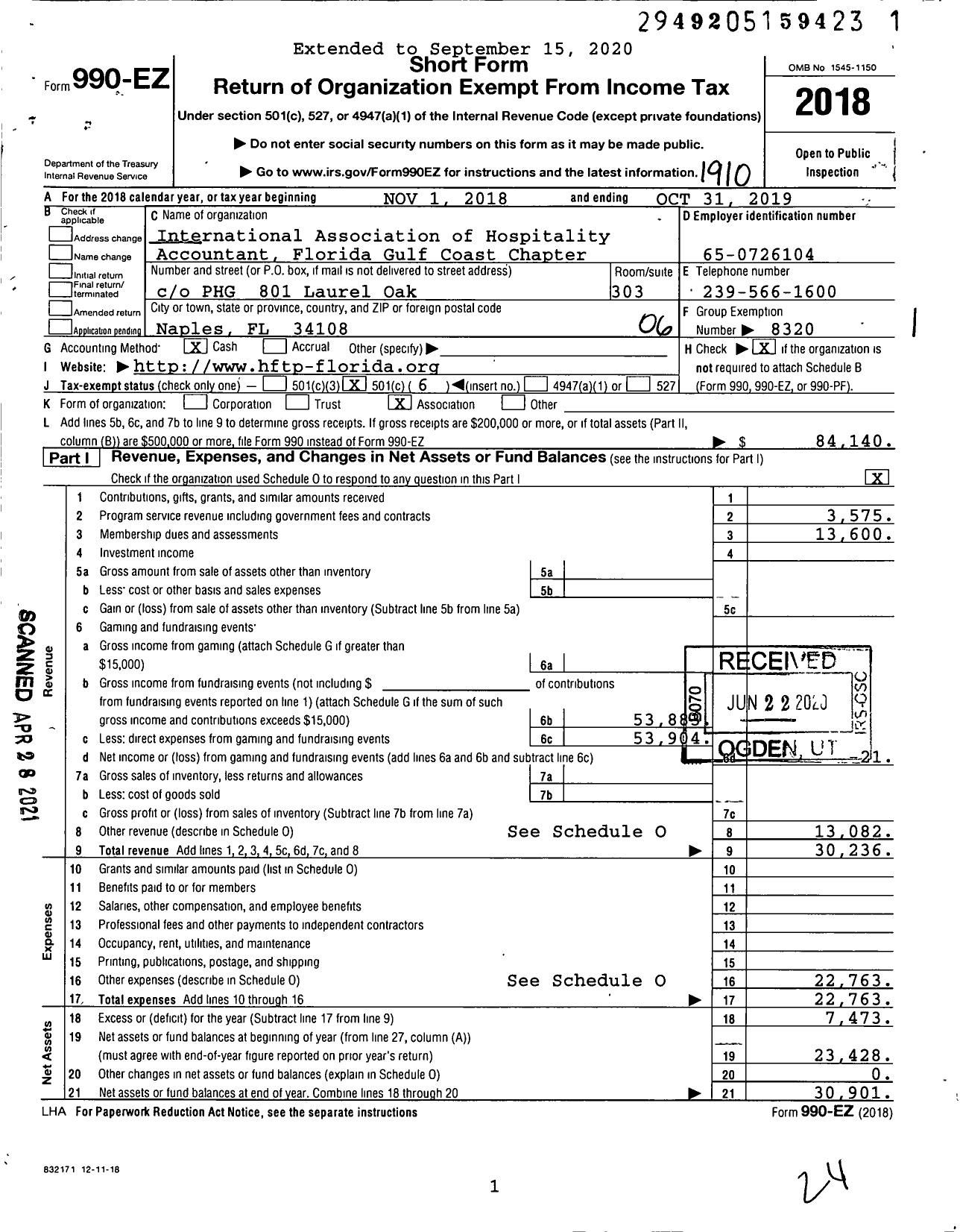 Image of first page of 2018 Form 990EO for International Association of Hospitality Accountant Florida Gulf Coast Chapter