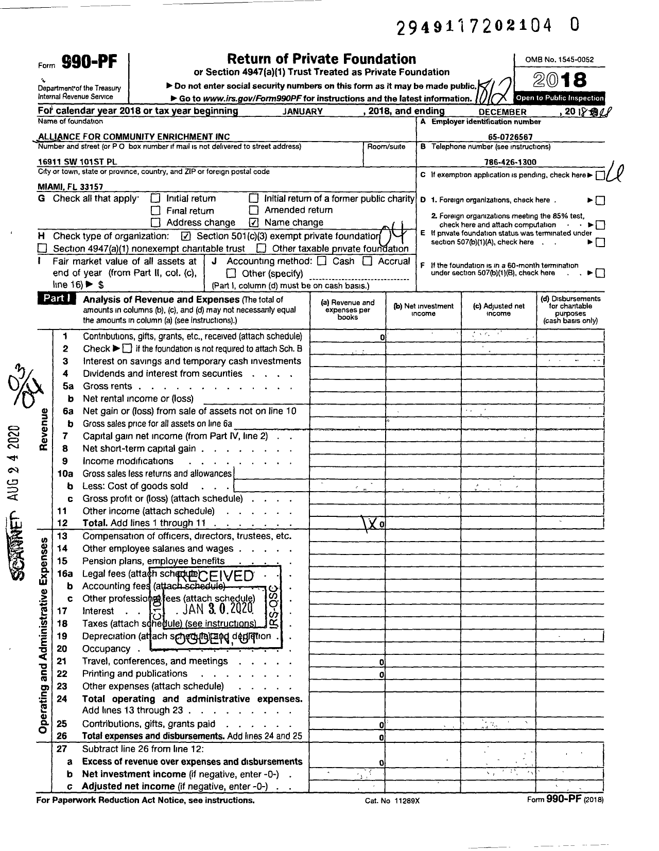 Image of first page of 2018 Form 990PR for Alliance for Community Enrichment