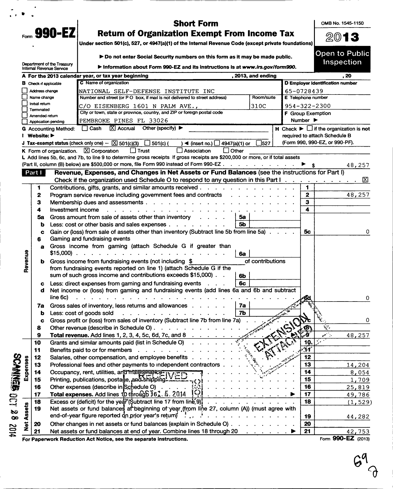 Image of first page of 2013 Form 990EZ for National Self-Defense Institute