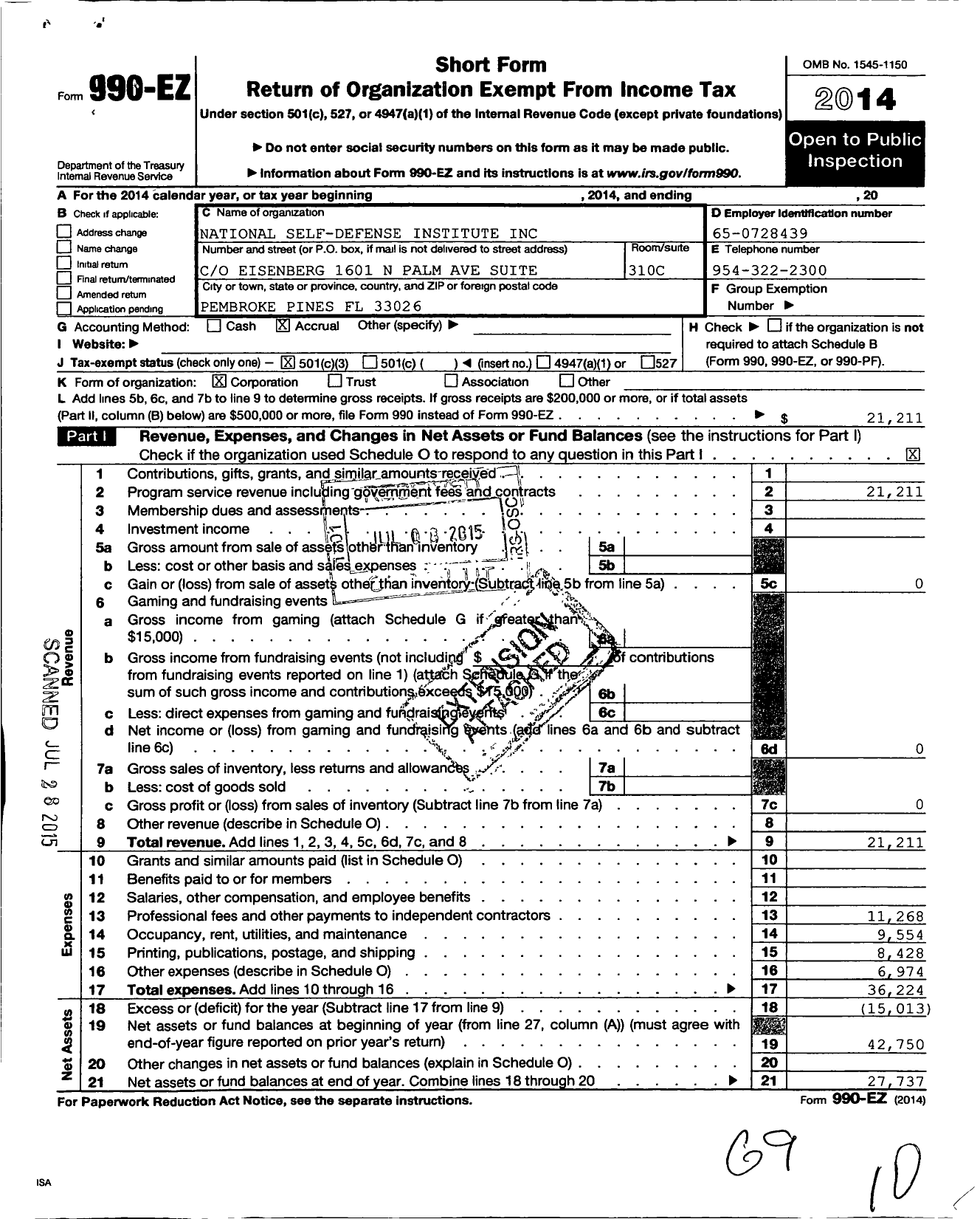 Image of first page of 2014 Form 990EZ for National Self-Defense Institute