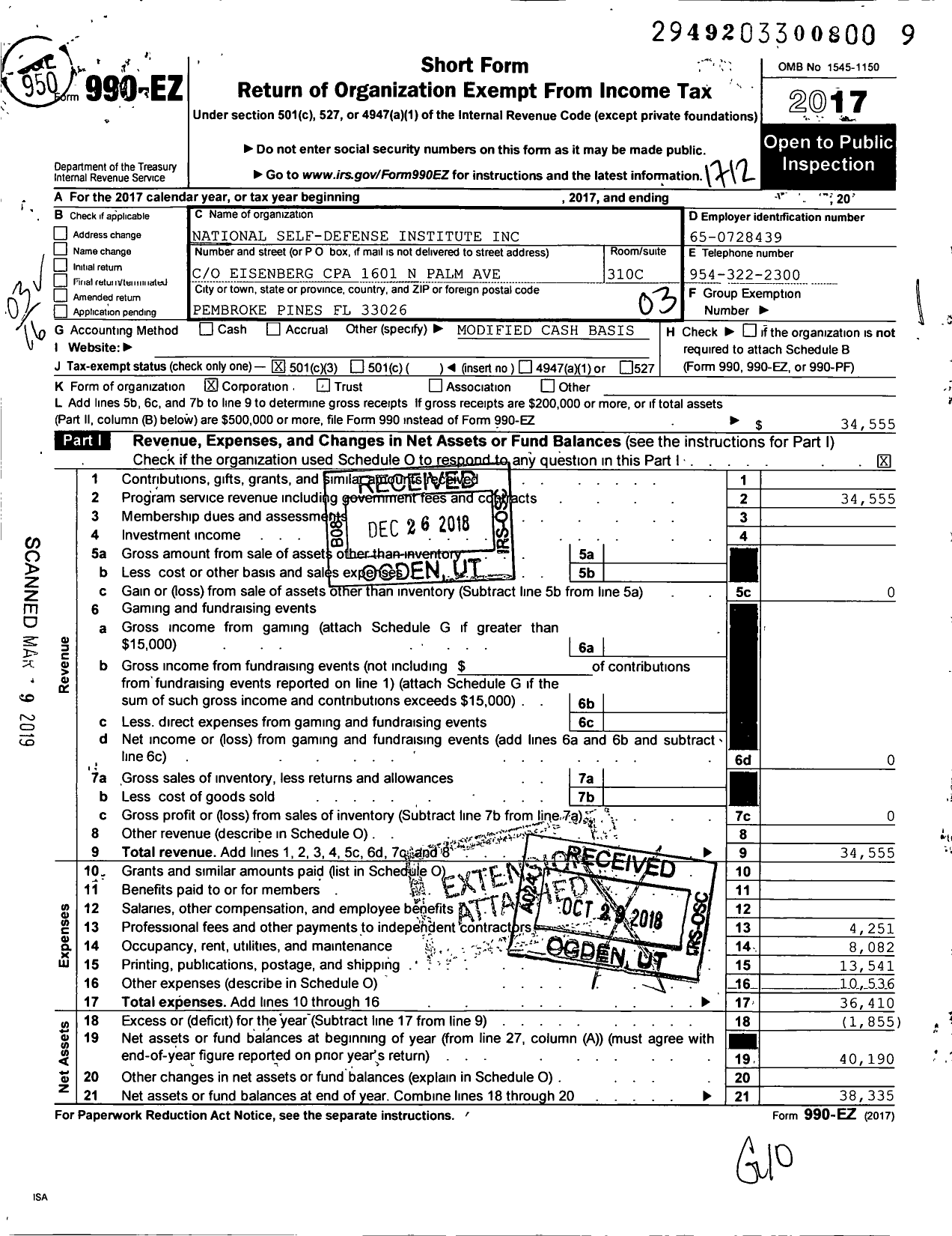 Image of first page of 2017 Form 990EZ for National Self-Defense Institute