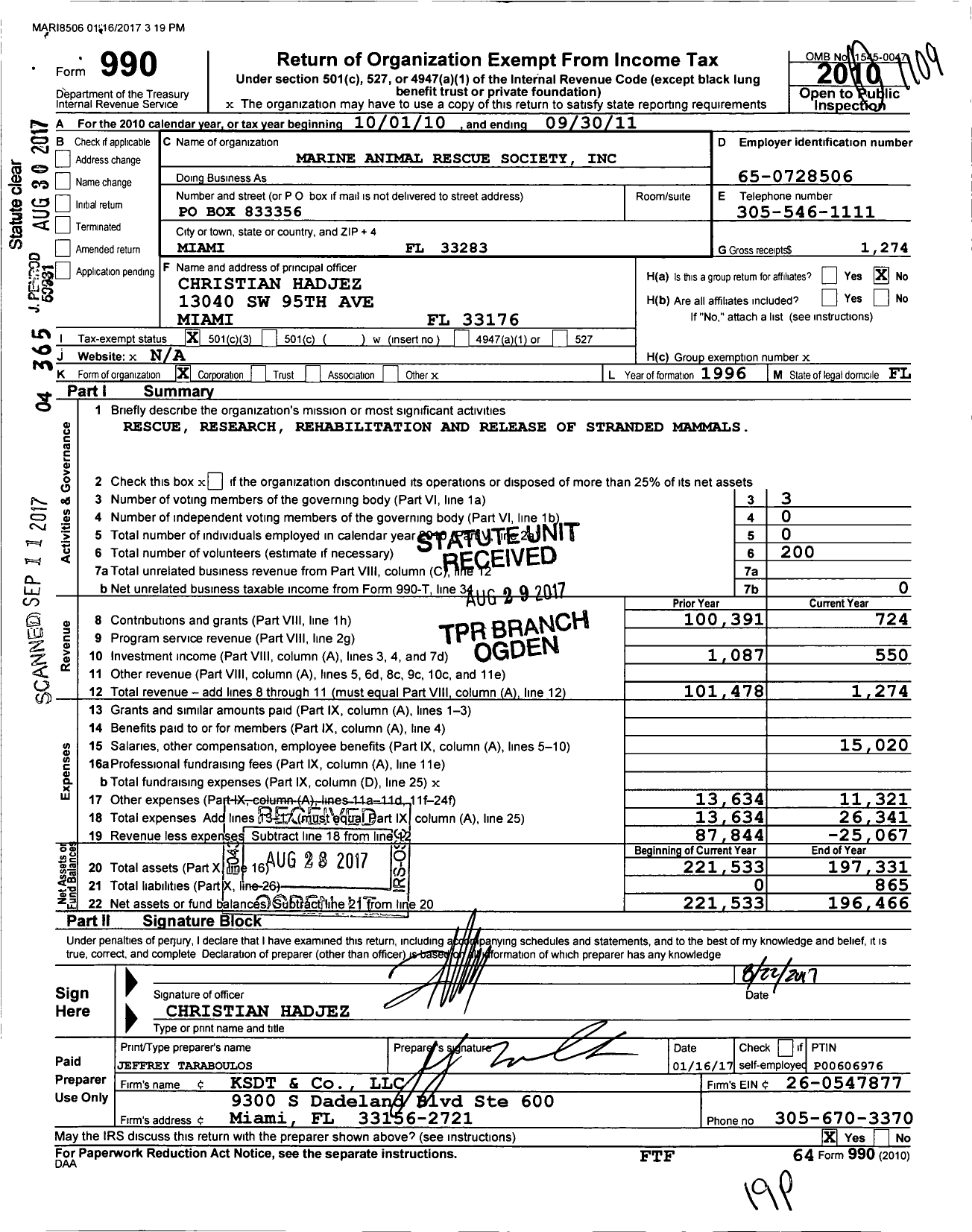 Image of first page of 2011 Form 990 for Marine Animal Rescue Society