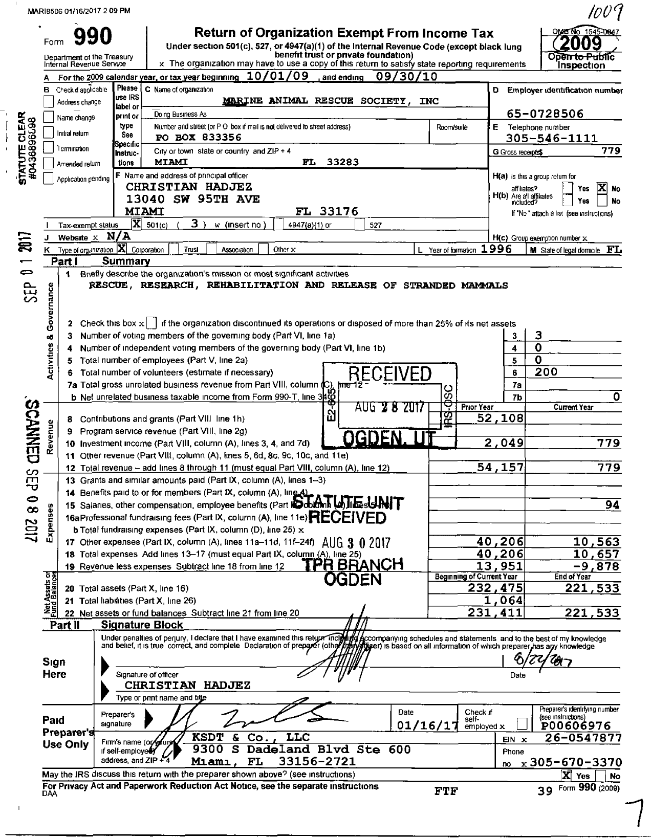 Image of first page of 2009 Form 990 for Marine Animal Rescue Society