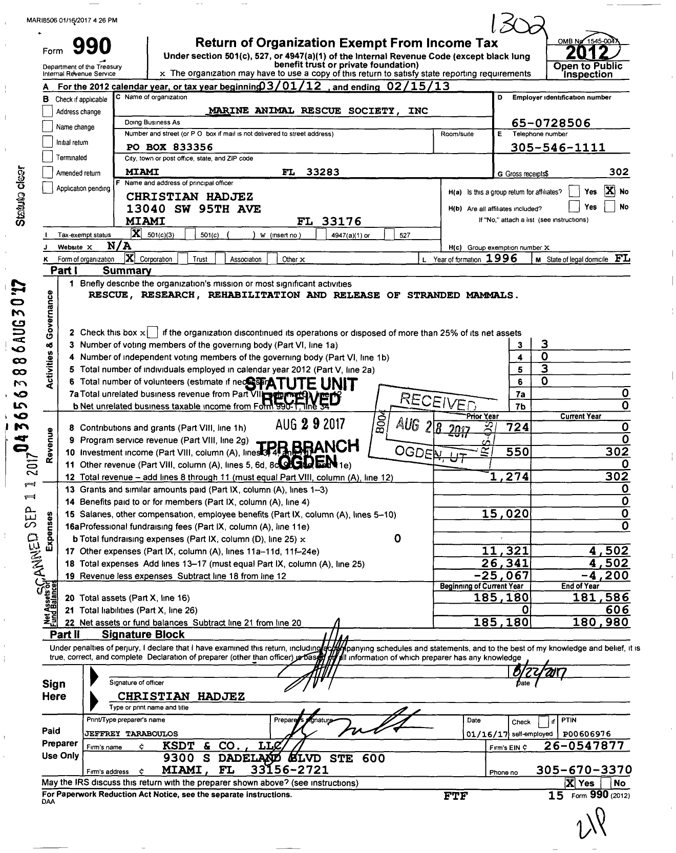 Image of first page of 2012 Form 990 for Marine Animal Rescue Society