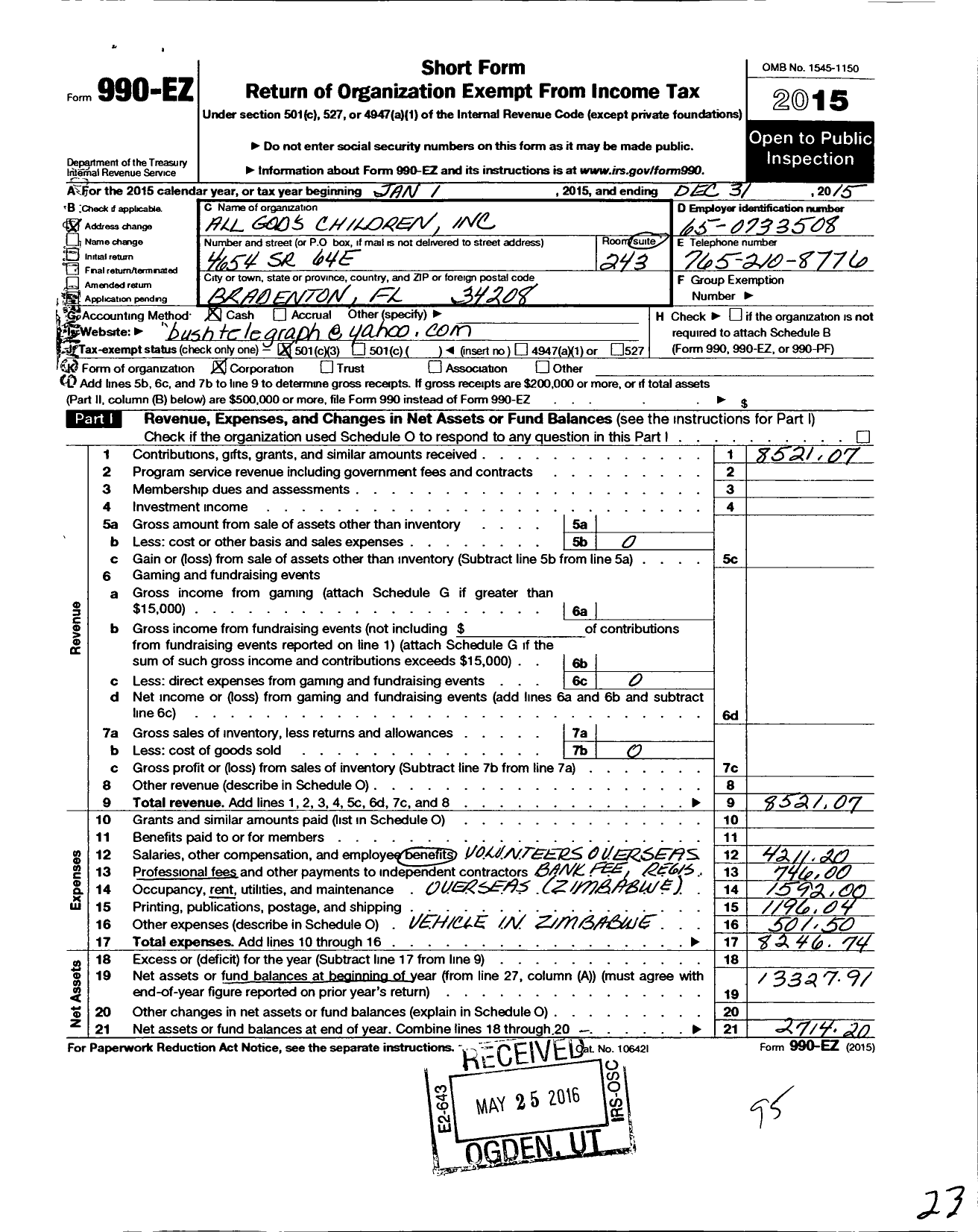 Image of first page of 2015 Form 990EZ for All Gods Children