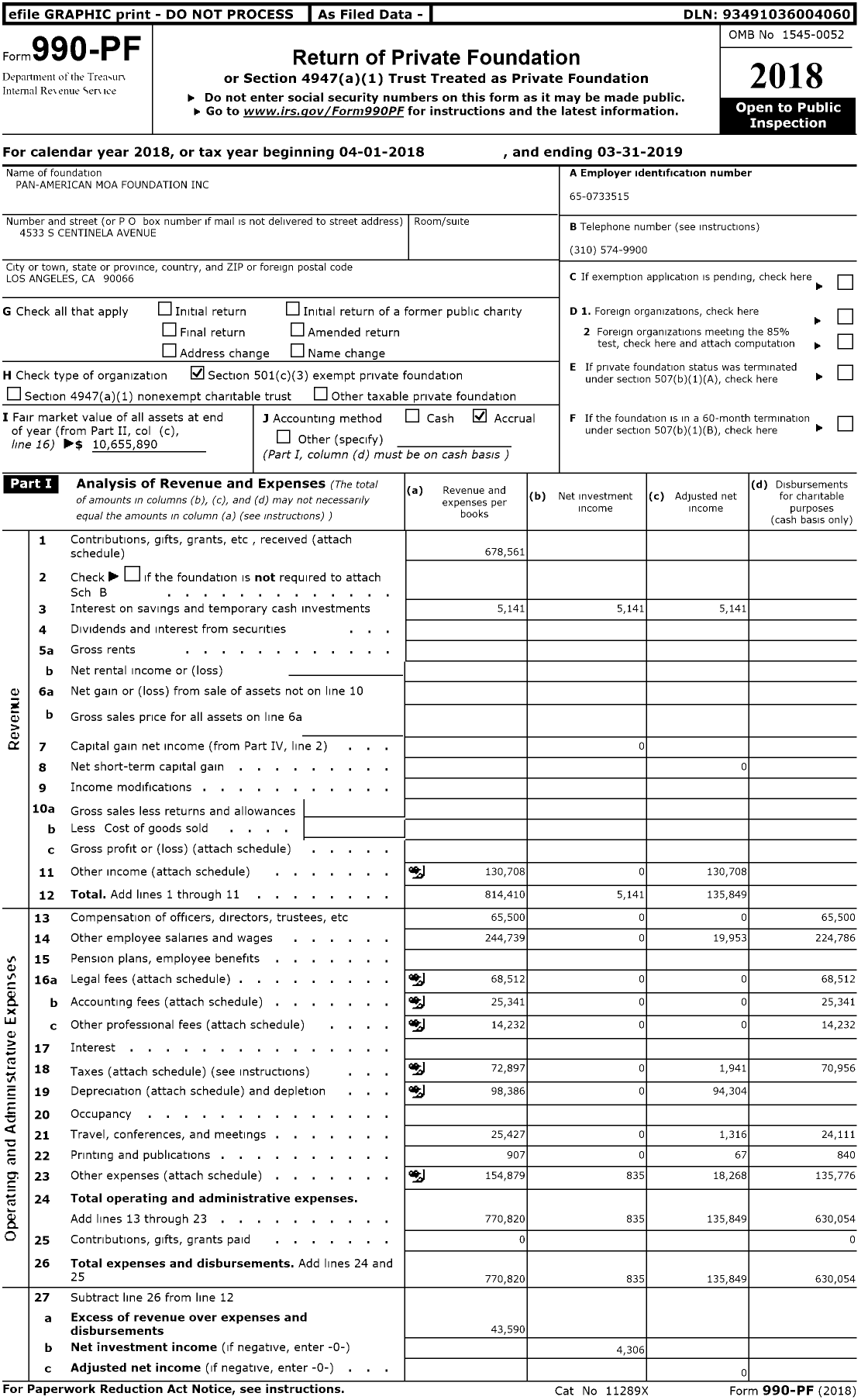 Image of first page of 2018 Form 990PR for Pan-American Moa Foundation