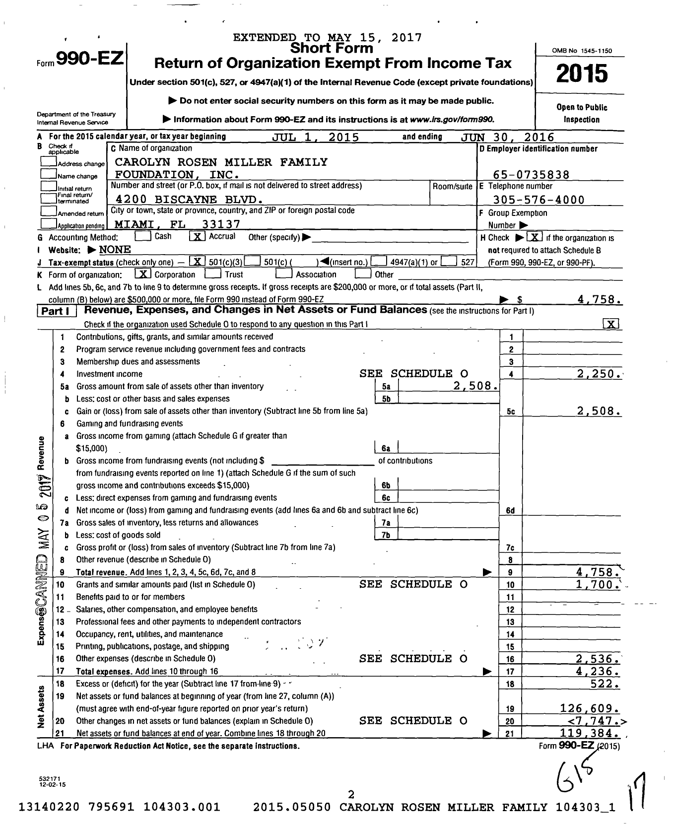 Image of first page of 2015 Form 990EZ for Carolyn Rosen Miller Family Foundation