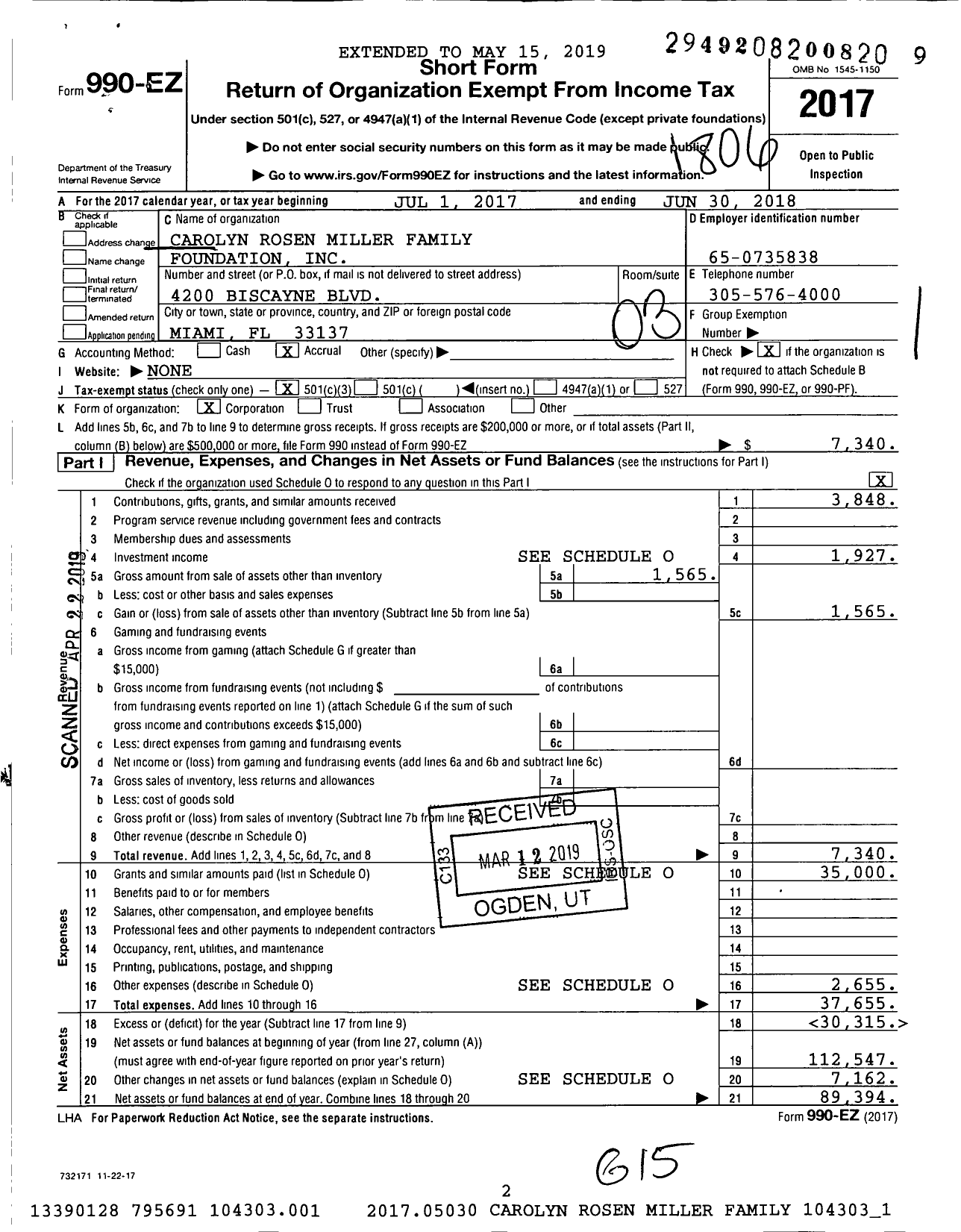 Image of first page of 2017 Form 990EZ for Carolyn Rosen Miller Family Foundation