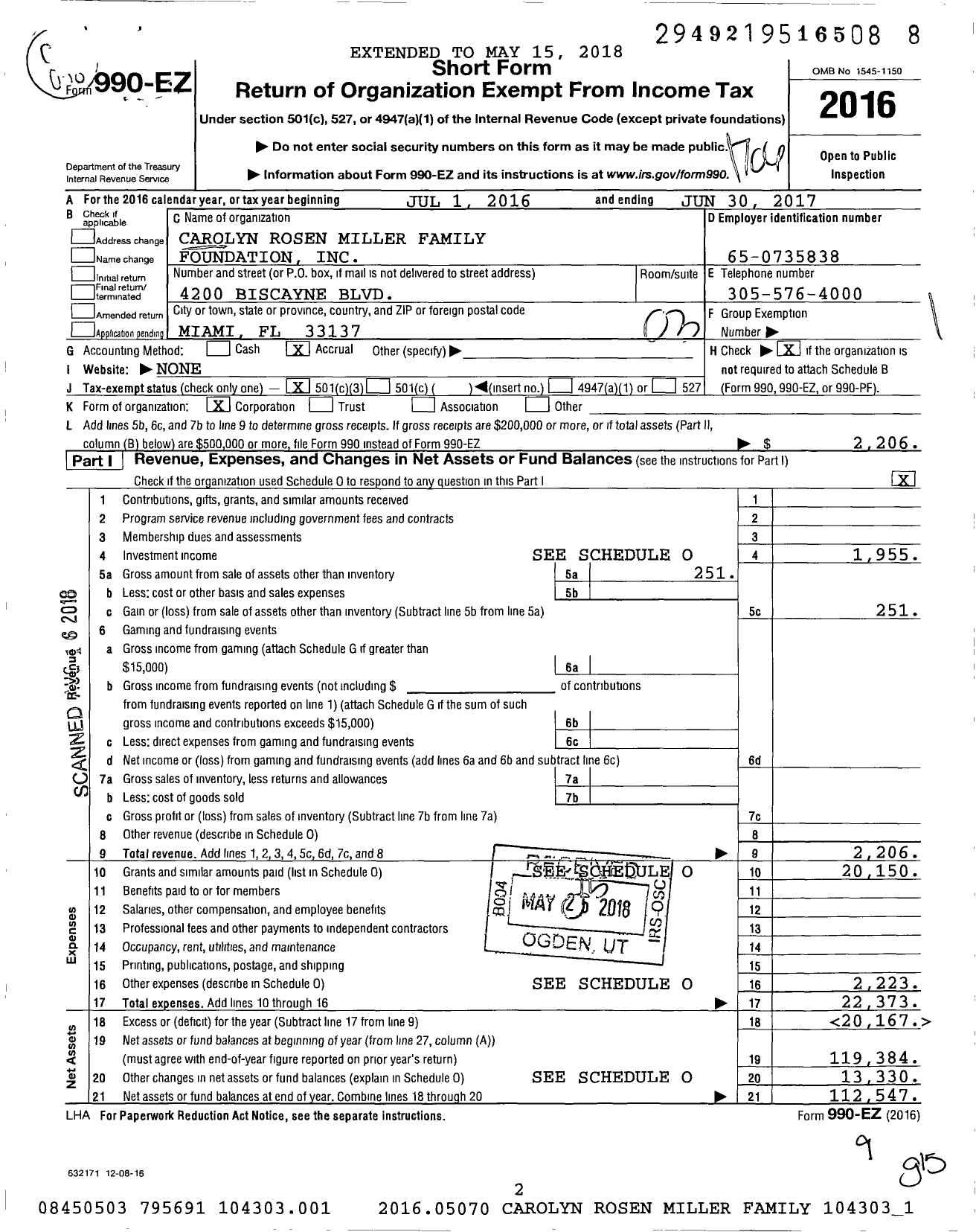 Image of first page of 2017 Form 990EZ for Carolyn Rosen Miller Family Foundation