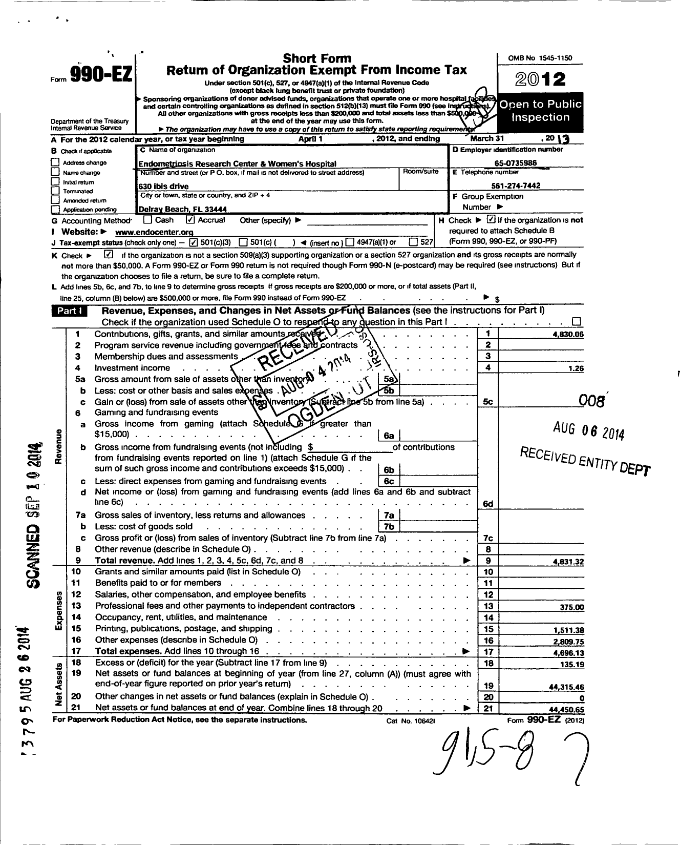 Image of first page of 2012 Form 990EZ for Endometriosis Research Center and Womens Hospital